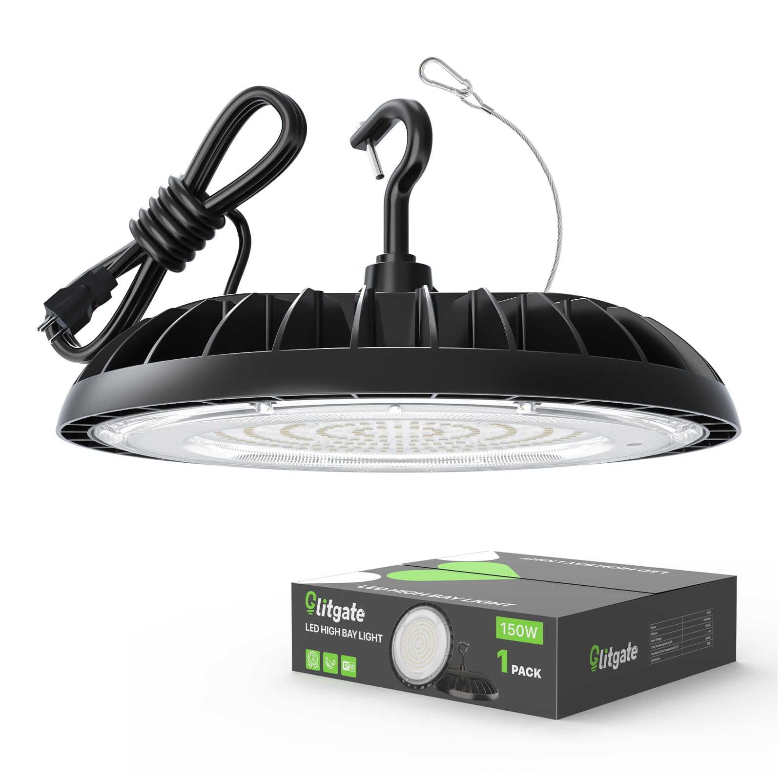 Glitgate Led High Bay Light 150W, 21000Lm 5000K Ufo Led High Bay Light(600W Mh/Hps Equiv.), Commercial Bay Lighting With 5Ft Cable Us Plug For Garage Shop Barn Warehouse