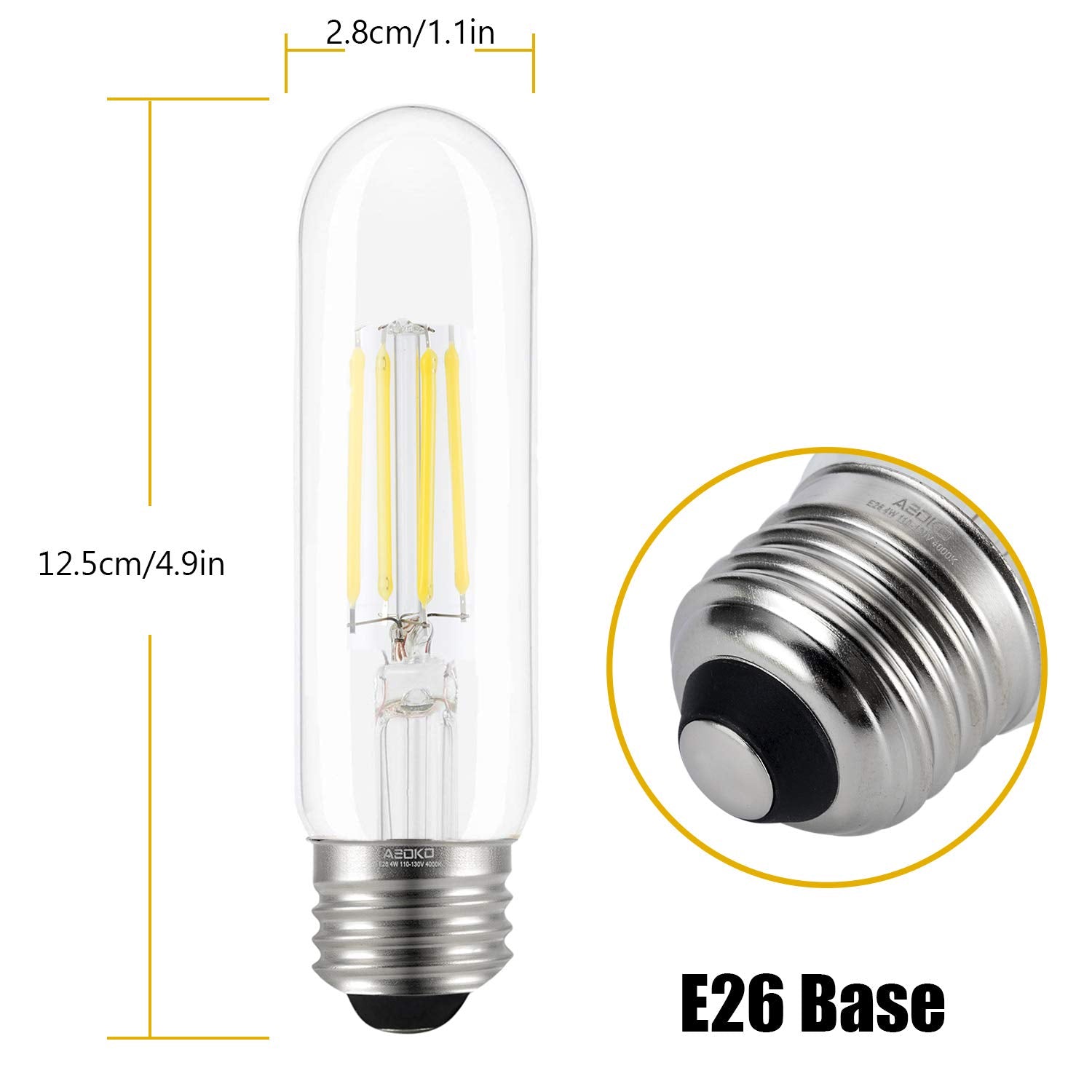 ASOKO Edison Bulb T10 LED 4W Dimmable Vintage Tube Bulbs, 40W Equivalent, Daylight White, E26 Base, 3-Pack