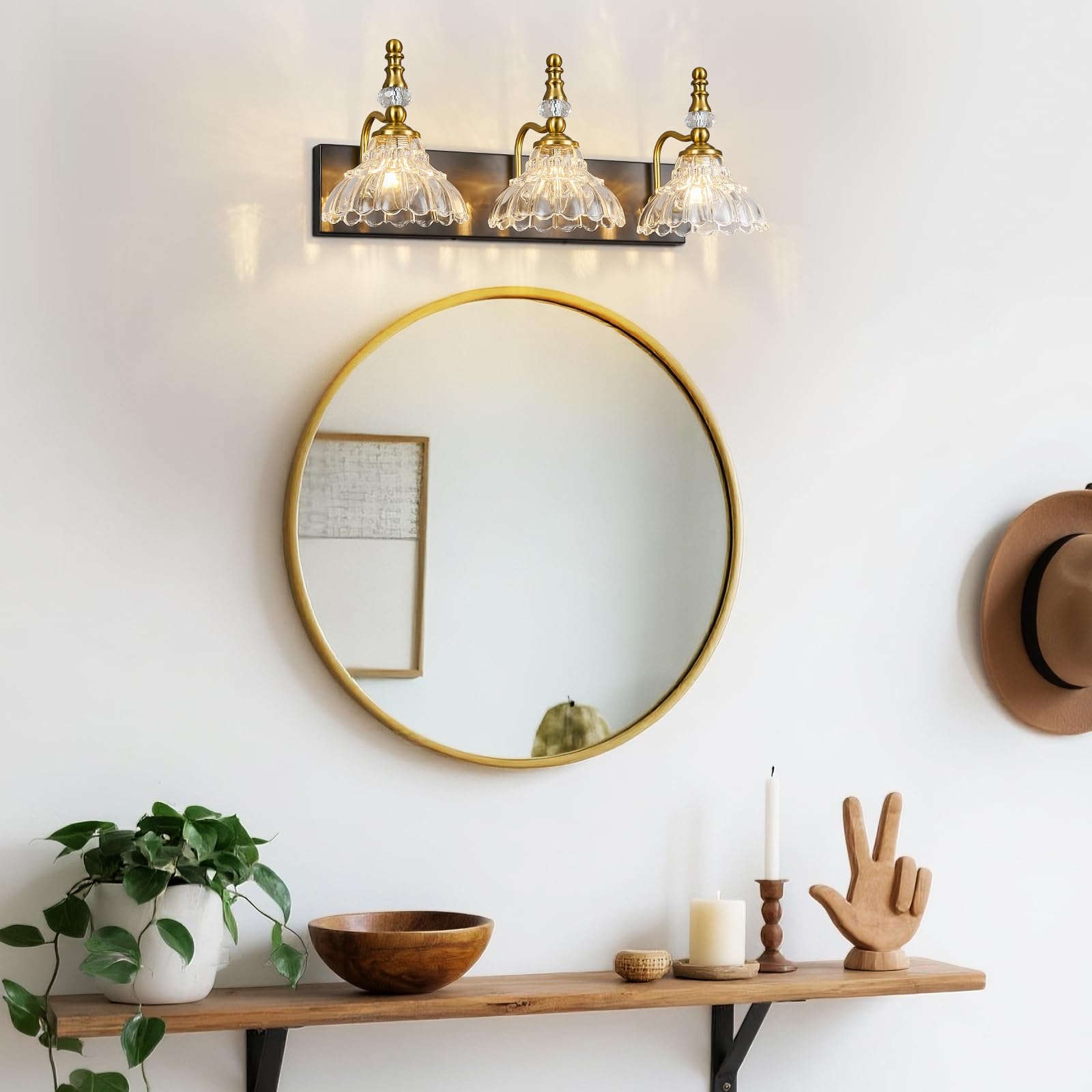Lbsqj Vintage Bathroom Vanity Light  3-Light Black Gold Vanity Lighting Fixture With Flower Glass Shade  Bathroom Lighting Fixtures Over Mirror
