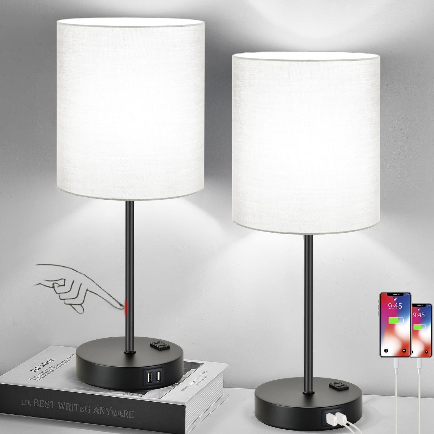 Lynnoland Touch Control Table Lamps Set of 2 with USB & AC Outlet, 3-Way Dimmable, Gray & Matte Black, Model T3476