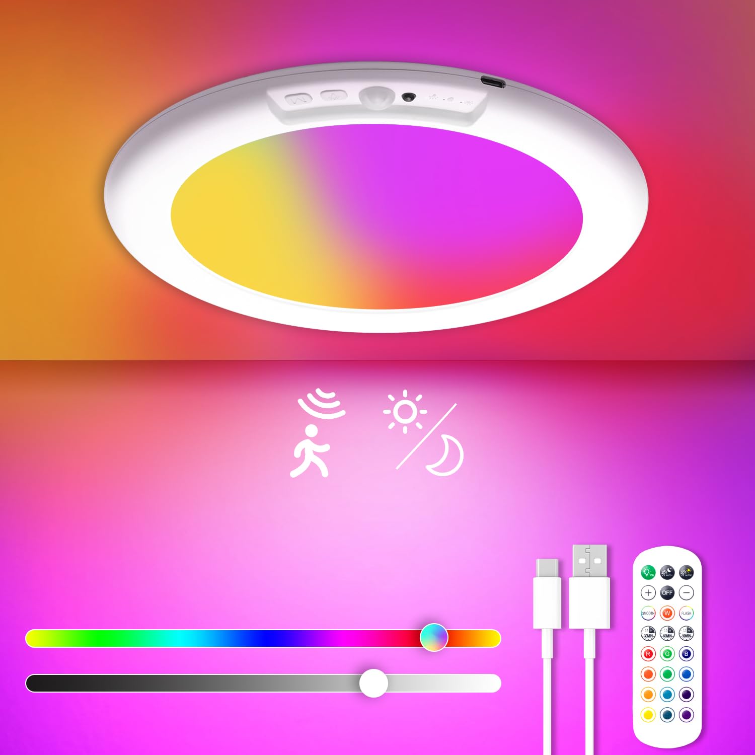 Wowatt 13 Colours Battery Operated Ceiling Light, Rechargeable Motion Sensor Light Indoor Wireless Shower Light With Remote, 7.4