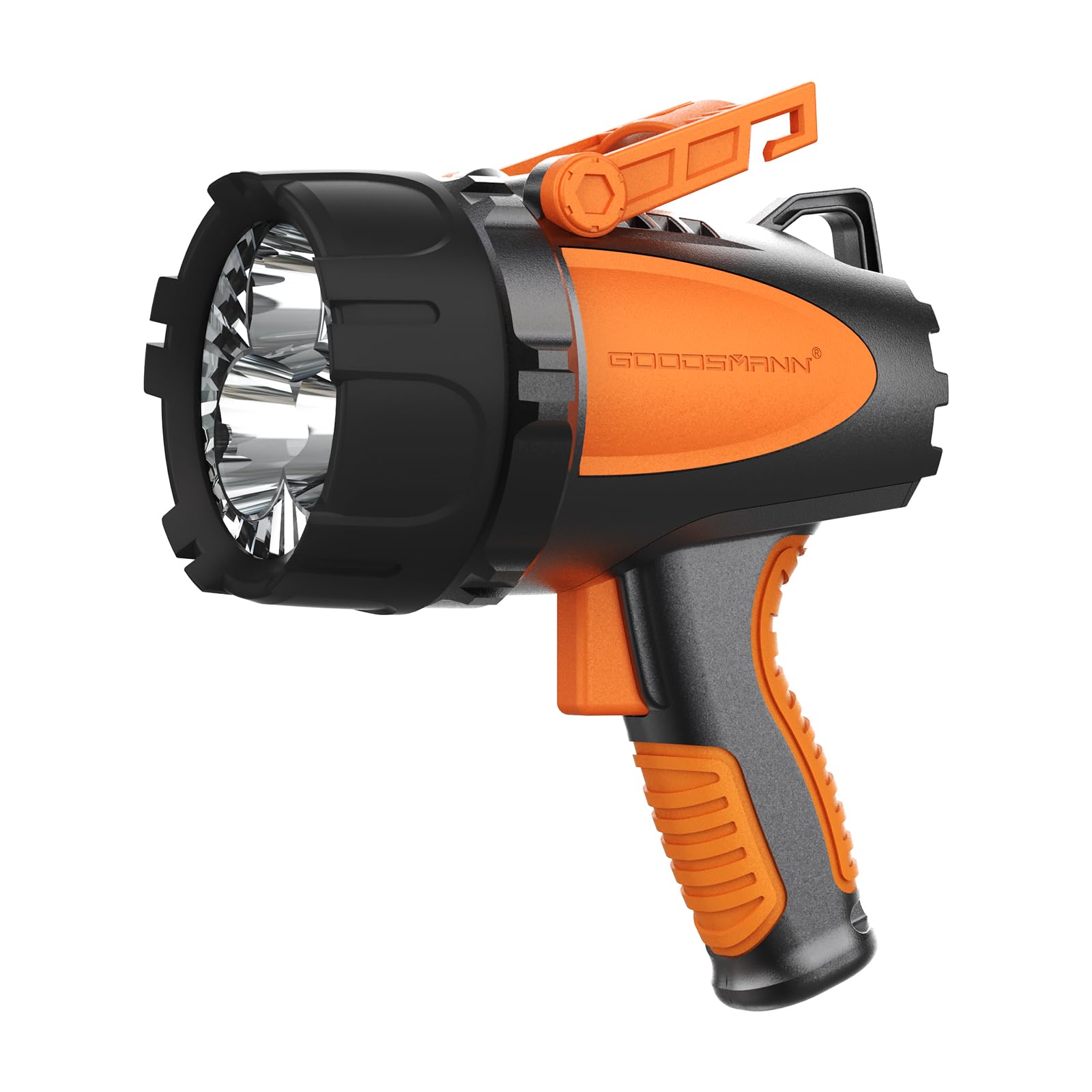 GOODSMANN Rechargeable Spotlight - 4500 Lumen LED Searchlight, IP67 Waterproof, Black/Orange, with EVA Carrying Case and USB Charger