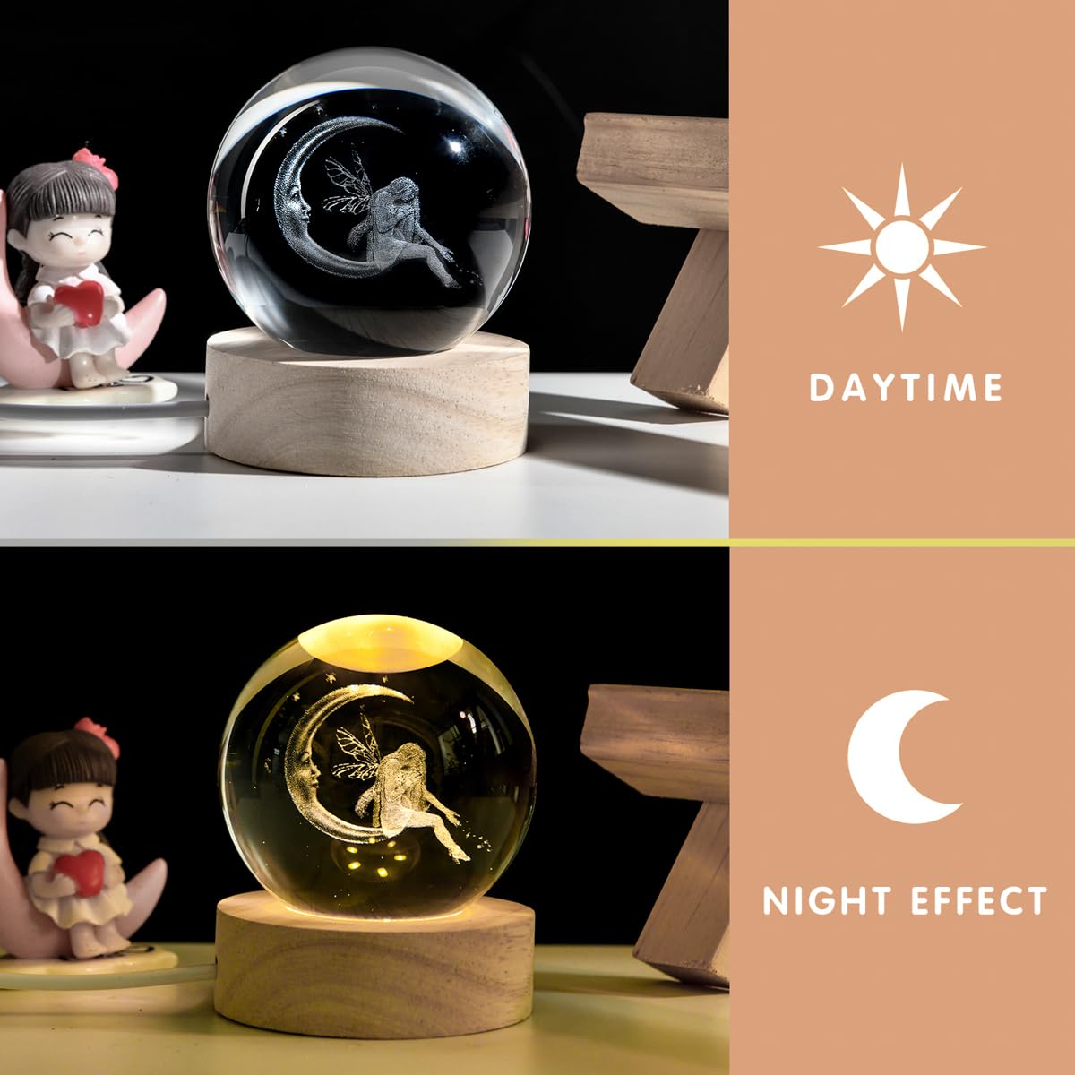 Qianchang 3D Fairy Moon Crystal Ball Night Light,Fairies Figurines Lamp,Fairy Decor Moon Girl Crystal Ball,Glass Sphere Paperwei