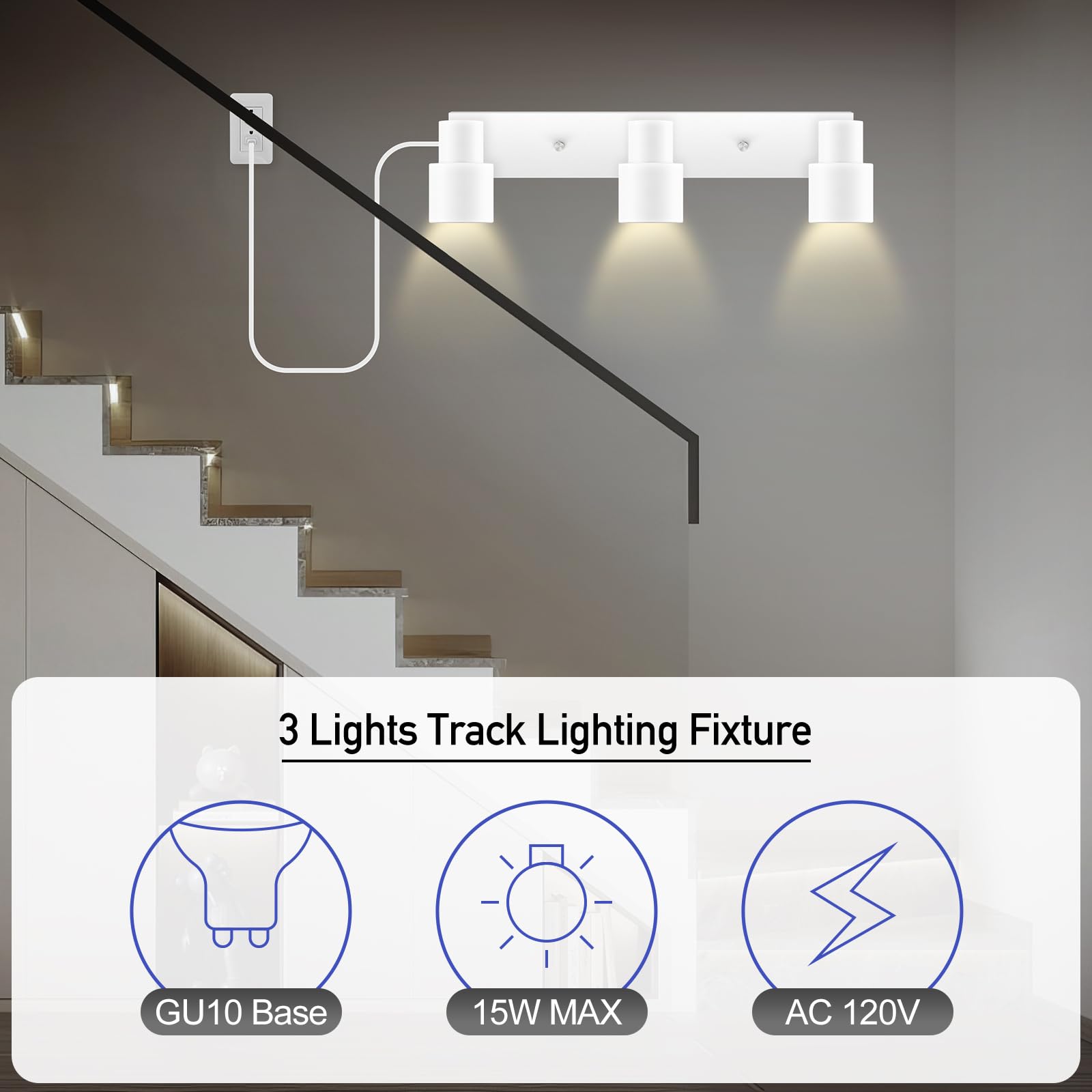 Plug-In Track Lighting Led, Track Light Fixtures Ceiling, White 3-Light Ceiling Lights For Kitchen, 3 Way Spotlight With Cord, Rotatable Wall Mount Light Head For Bedroom Hallway, Bulb Not Included