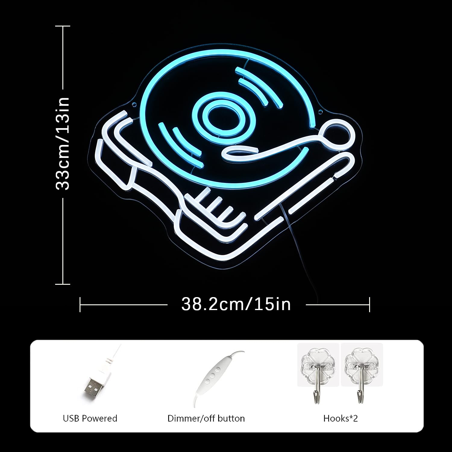 Lmsignly Record Player Neon Sign Retro Blue White Music Record Neon Light Neon Signs For Music Studio Decor Live Music Neon Light Sign For Bedroom malt-inspired Bar Decoration