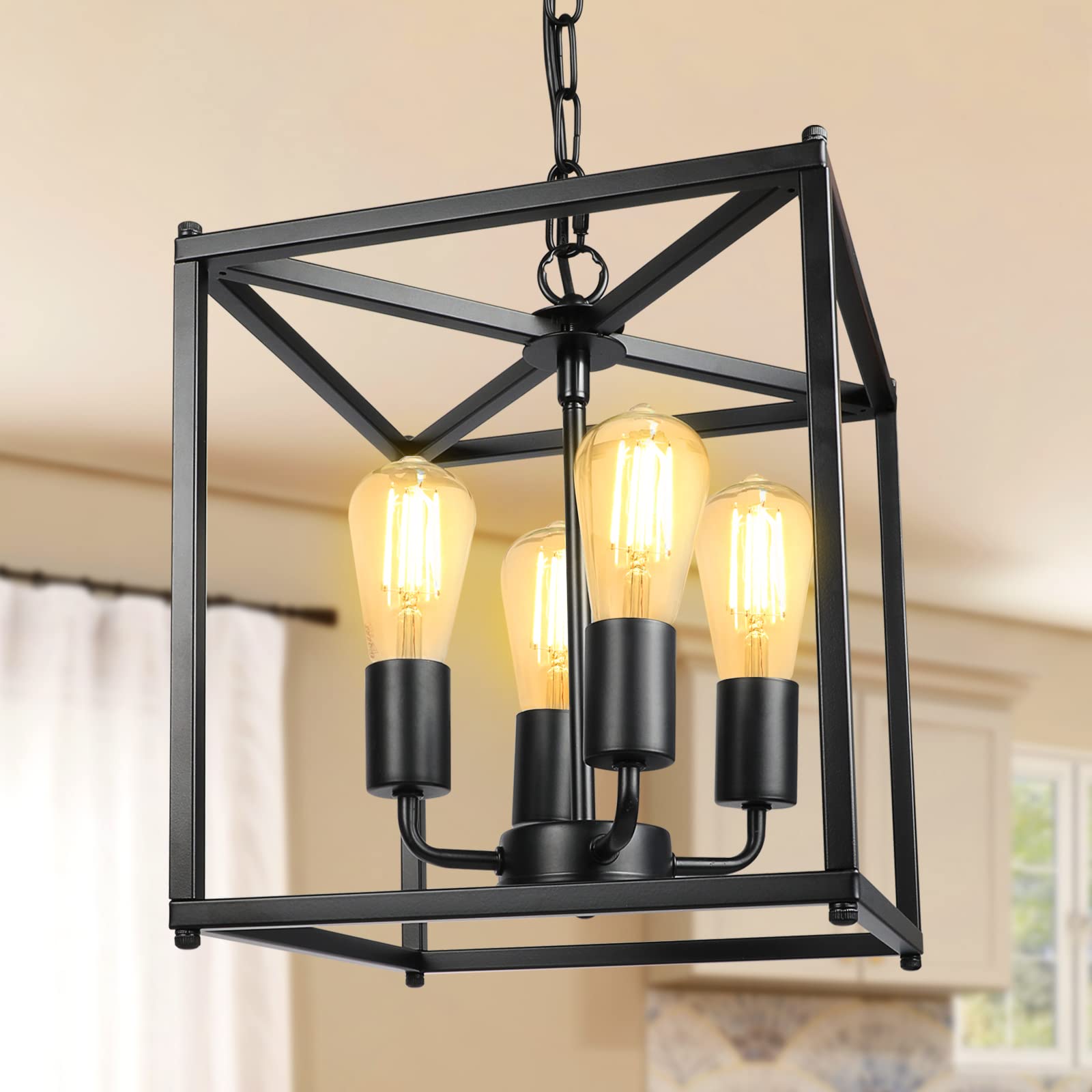 Unicozin 4-Light Black Iron Lantern Chandelier, Adjustable Height, E26 Base, Rustic Cage Design for Kitchen Island & Dining Room