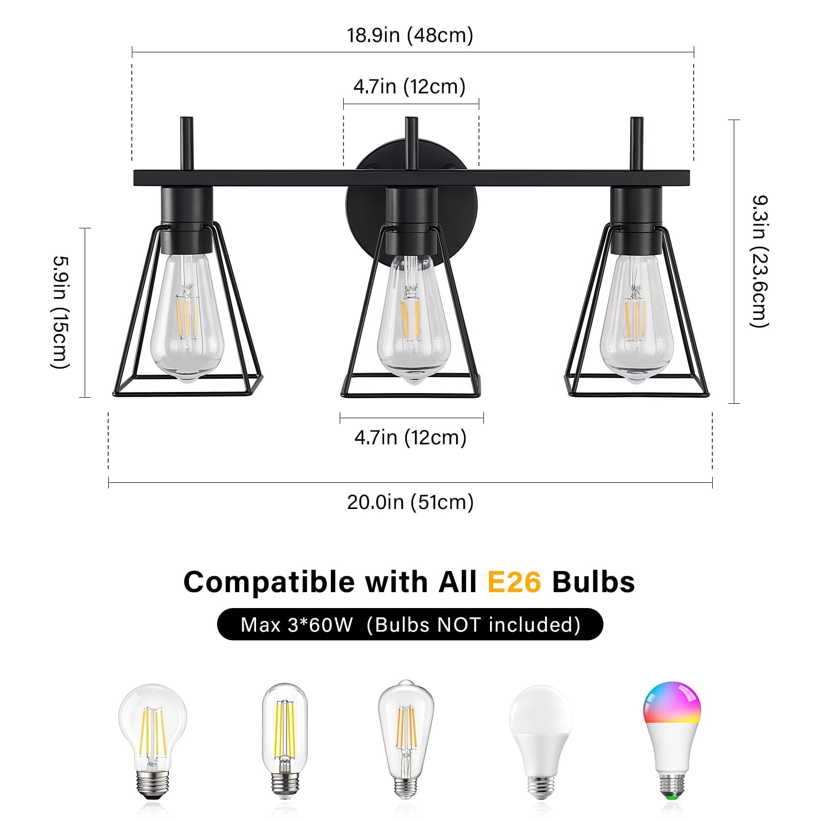 Fonmyim Farmhouse Bathroom Vanity Light Fixtures Over Mirror, Matte Black 3-Light Wall Sconce With Metal Cage, E26 Socket (Bulbs