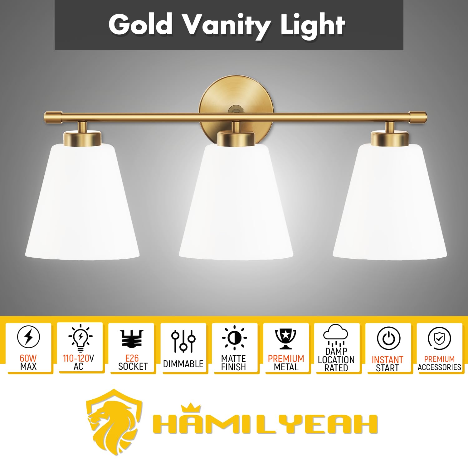 Hamilyeah Gold 3-Light Bathroom Vanity Light With Frosted Glass - Industrial Lighting Fixture
