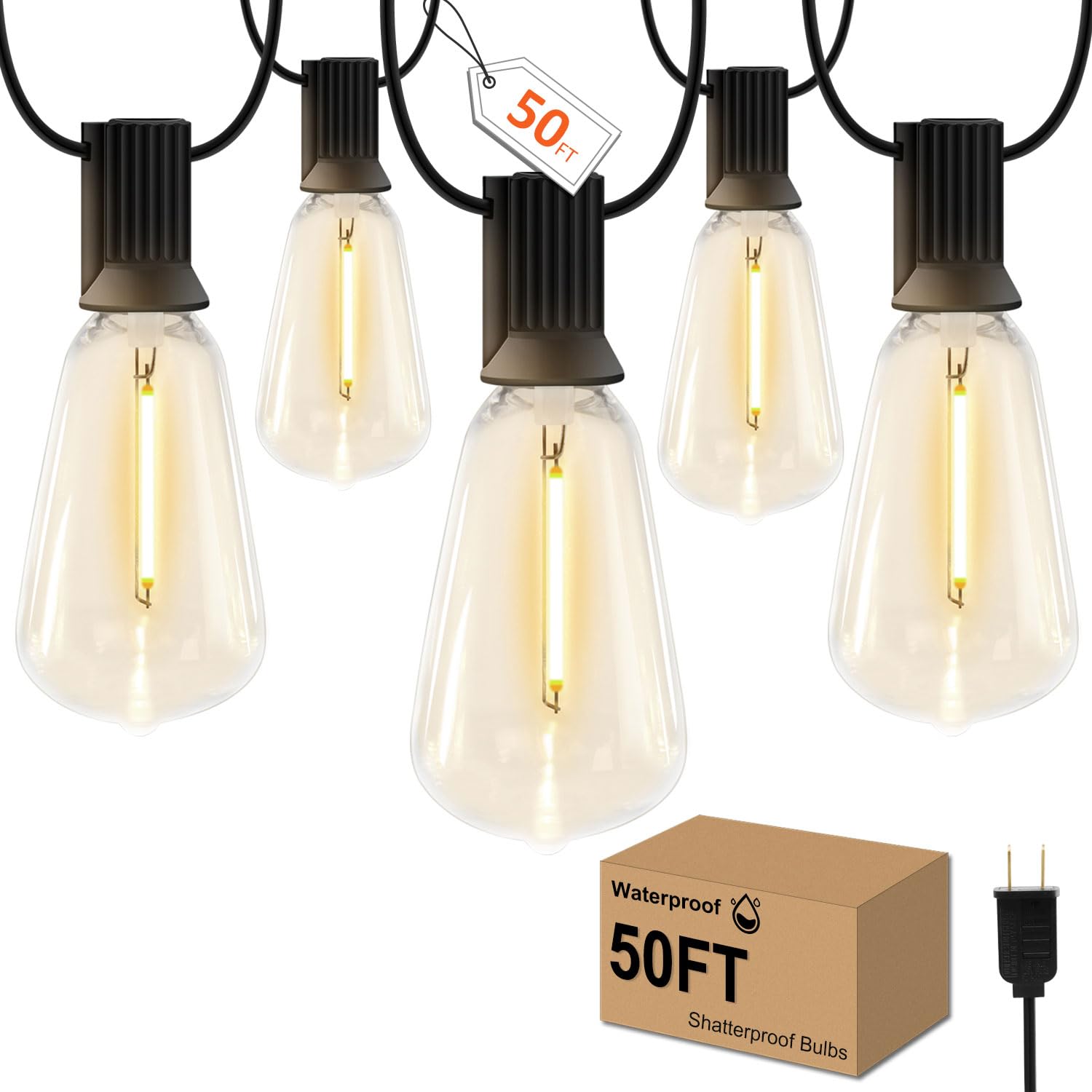 GHUSTAR 50FT LED Outdoor String Lights - Vintage Edison Bulbs, Waterproof, Black Plug in, Model CMC-O171