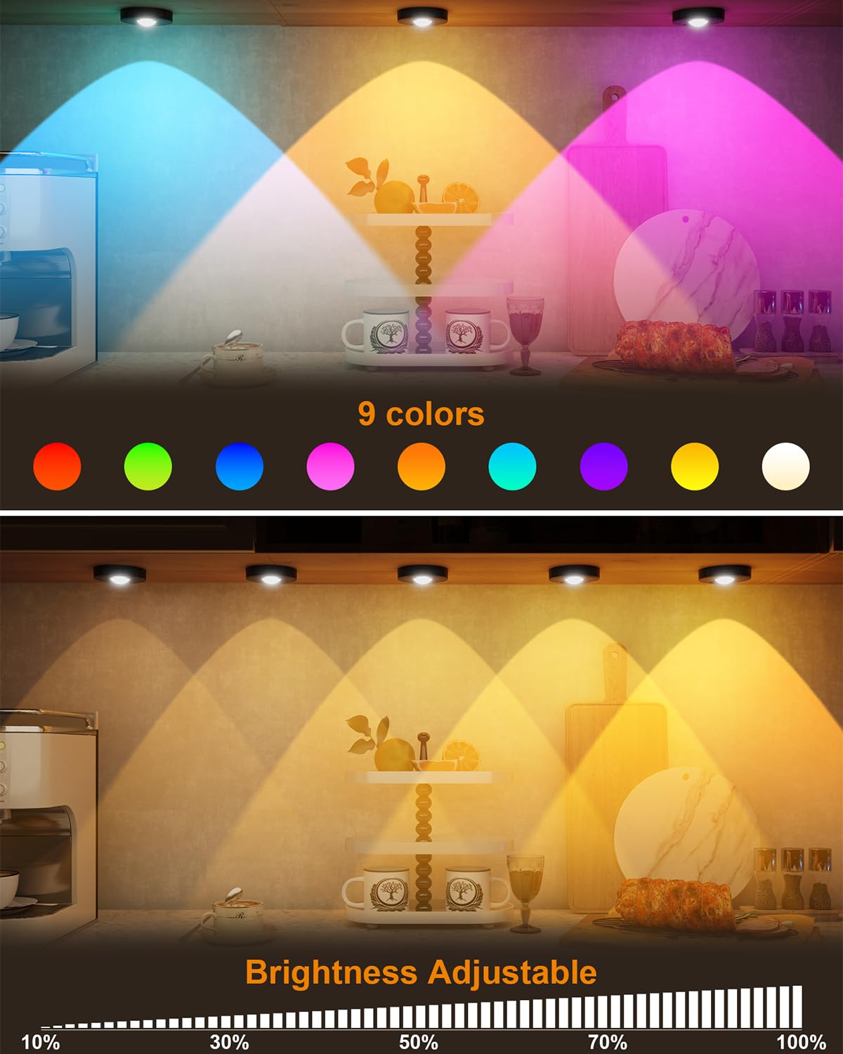 RUYI Rechargeable RGB Puck Lights, Dimmable Touch Under Cabinet Lighting, 3 Pack, USB, Plastic, Model RUYI-US-UCL-R