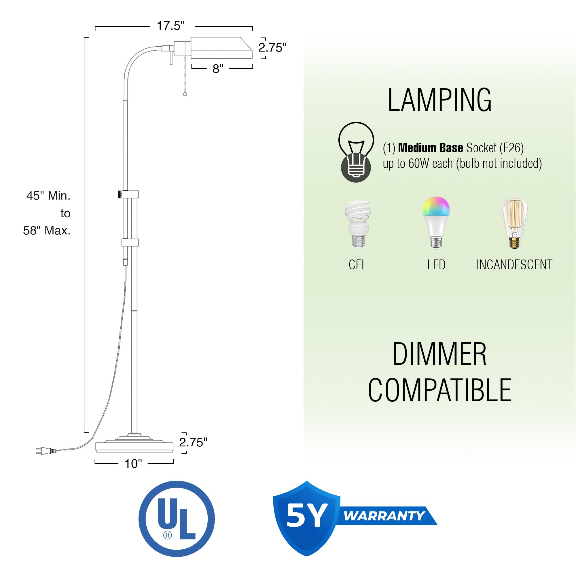 Kira Home Prescott 58'' Modern Adjustable Standing Pharmacy Floor Lamp | Brushed Nickel Finish, Includes 6W Led Bulb (60W Eq.) E