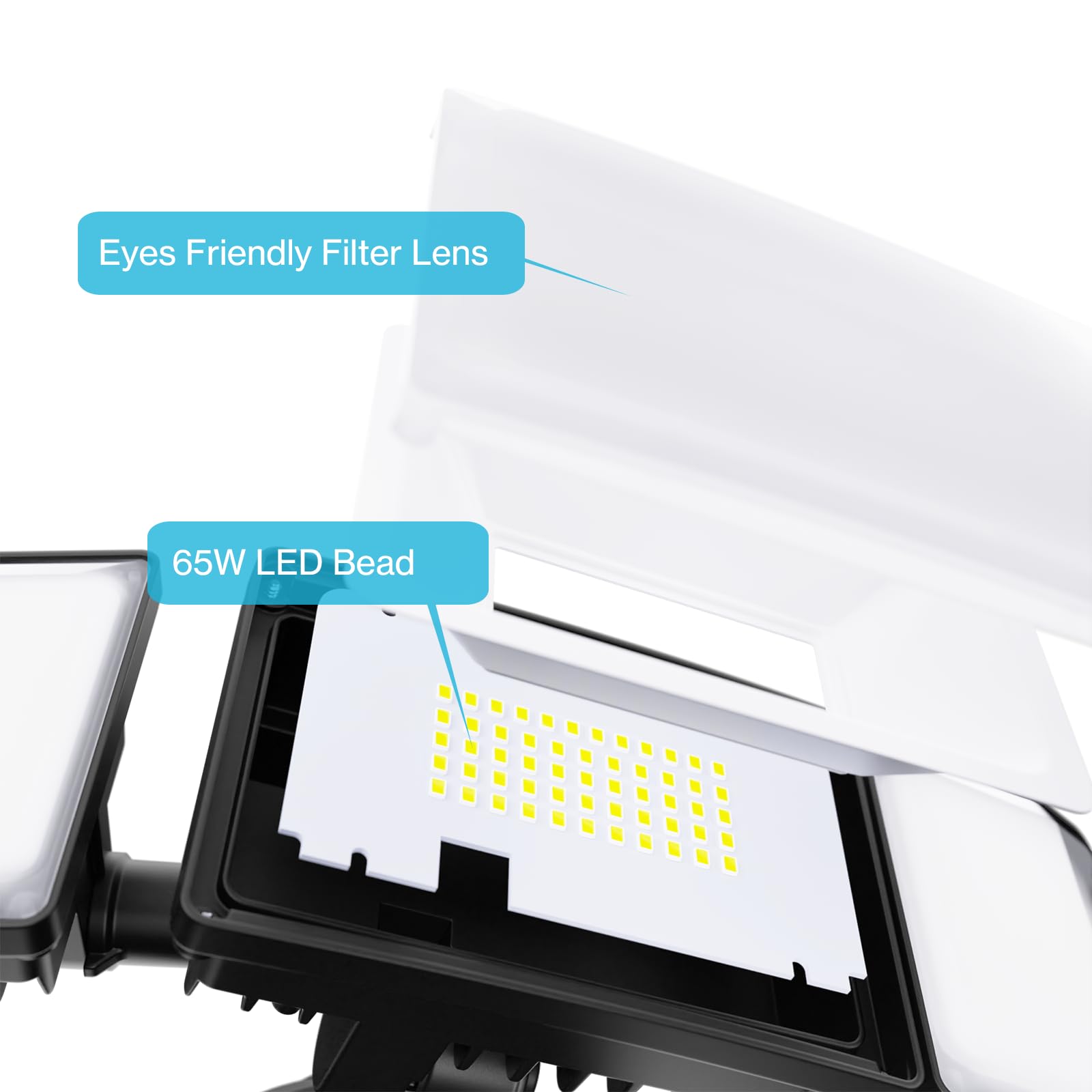 Olafus 65W Motion Sensor Outdoor Light, 6000LM, 6500K, 3 Adjustable Heads, IP65 Waterproof, Black, Model BDB55G-3,
