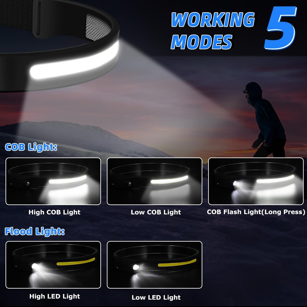 UUYEE LED Headlamp Rechargeable 3Pack - Motion Sensor, 230° COB Wide Beam, 5 Modes, Waterproof for Camping and Running