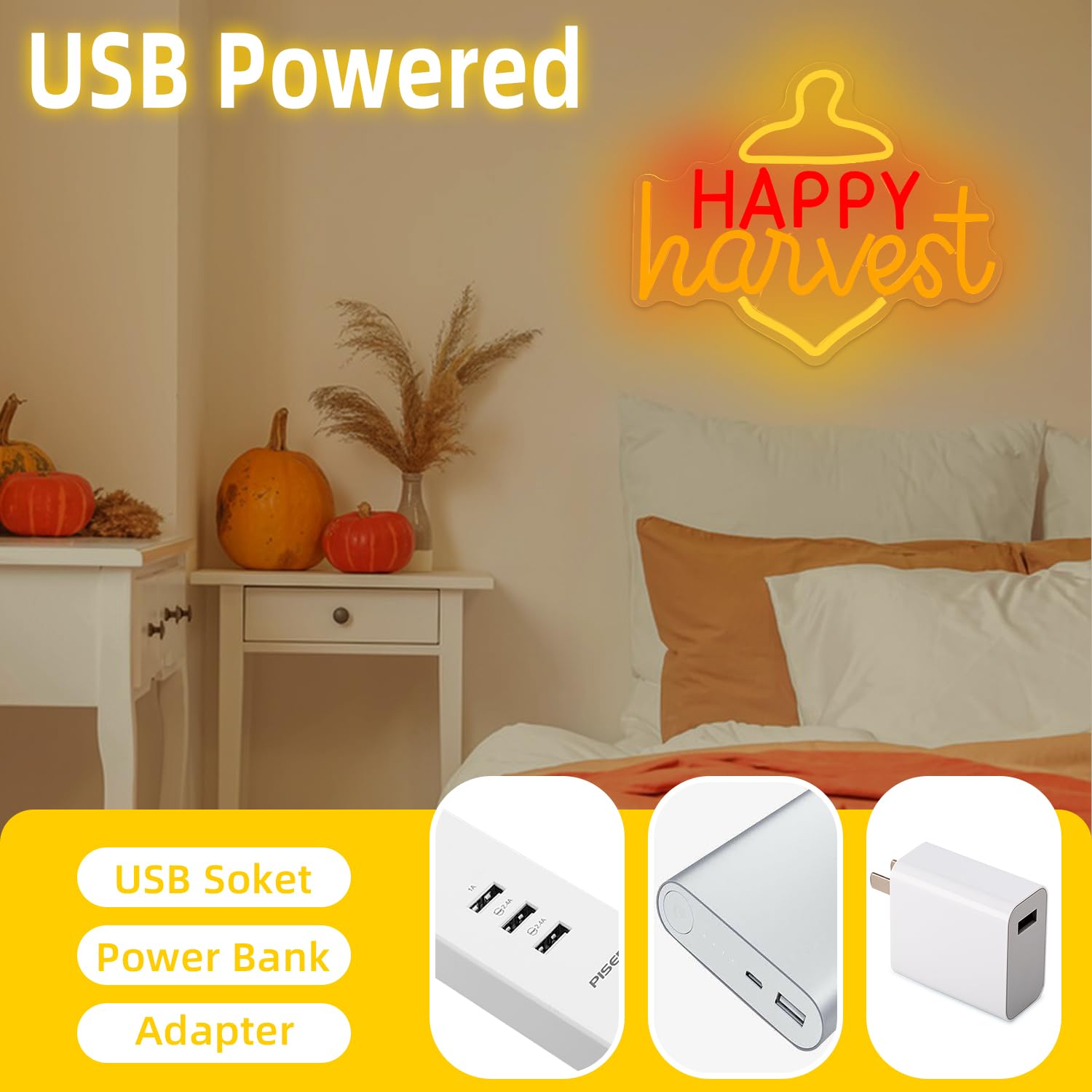 Jeanchrl Happy Harvest Neon Sign For Home Wall Dimmable Fall Light Sign For Home Decor Thanksgiving Decor Neon Wall Art For Bedroom Living Room Yellow Pinecone Led Sign For Party Gift