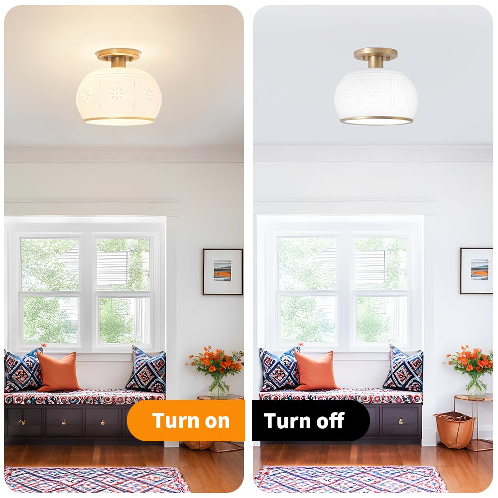 Oiyio Brushed Brass Semi Flush Mount Ceiling Light With Clear Globe Glass  Modern Hallway Lighting Fixtures  Vintage Ceiling Light For Kitchen  Bedroom  Closet  Entryway  Porch