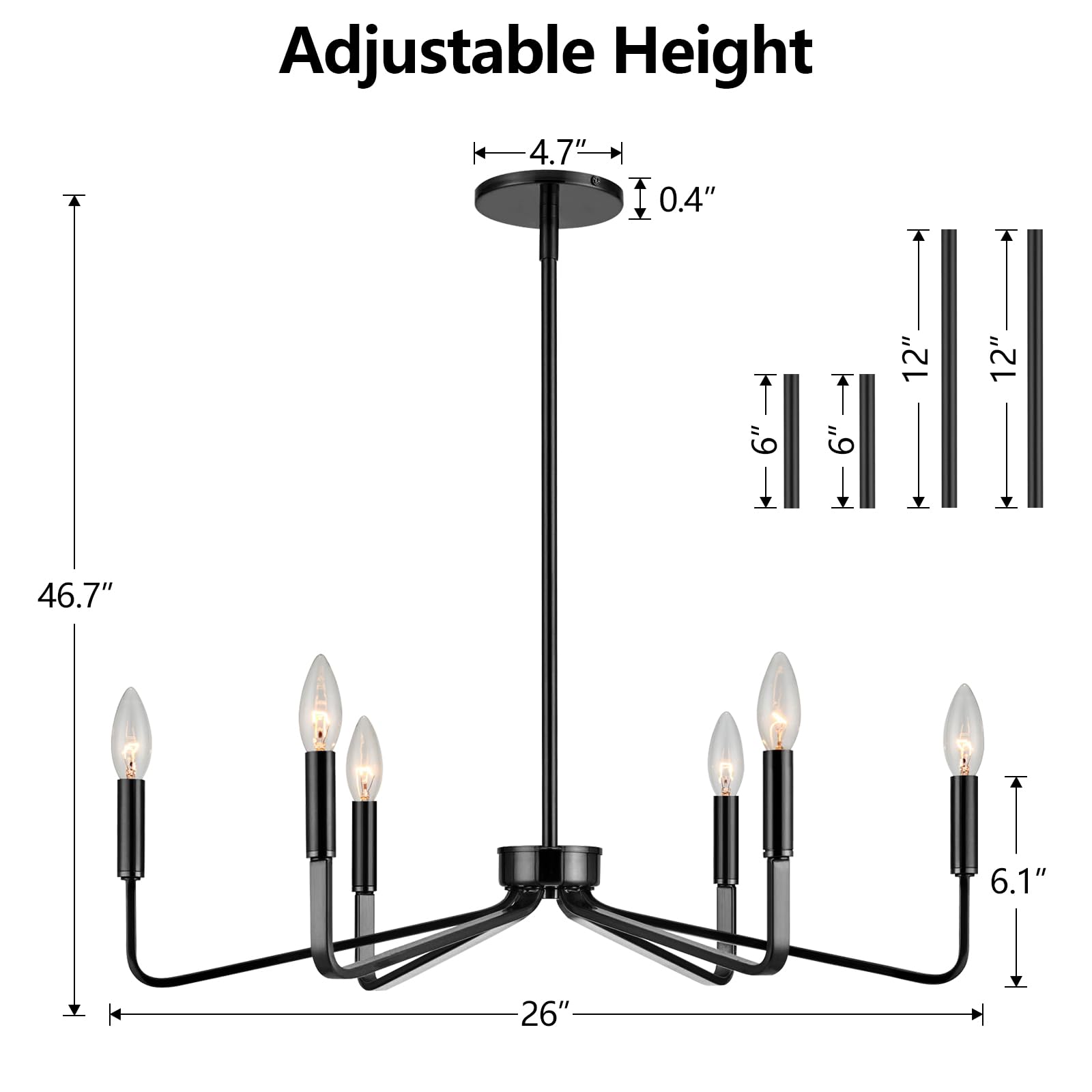 Acaner Black Chandelier For Dining Room, 6-Light Farmhouse Kitchen Light Fixtures Over Table, 26'' Rustic Candle Chandelier For