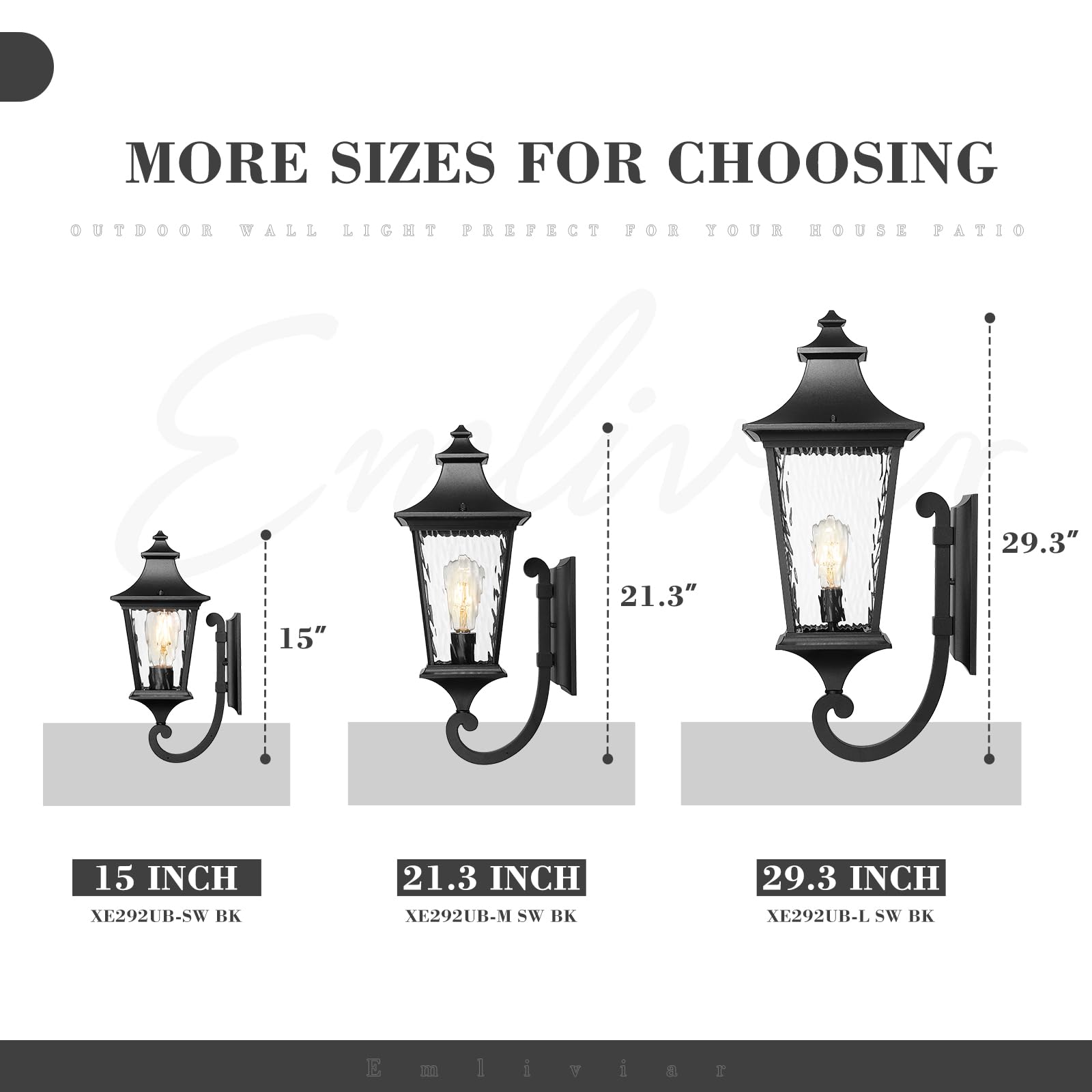 Emliviar 29.3'' Large Exterior Wall Light, Outdoor Wall Sconce Suitable For House Porch, Water Ripple Glass In Black Finish, Xe2