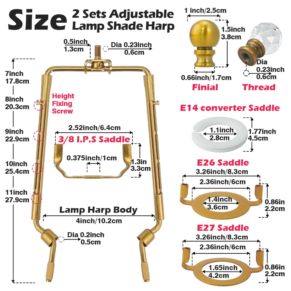Asjeumt 8 9 10 11 Inch Lamp Shade Harp Holder, 2 Set Antique Gold Adjustable Height Harp Kit With Crystal & Metal Finial, Diy Re