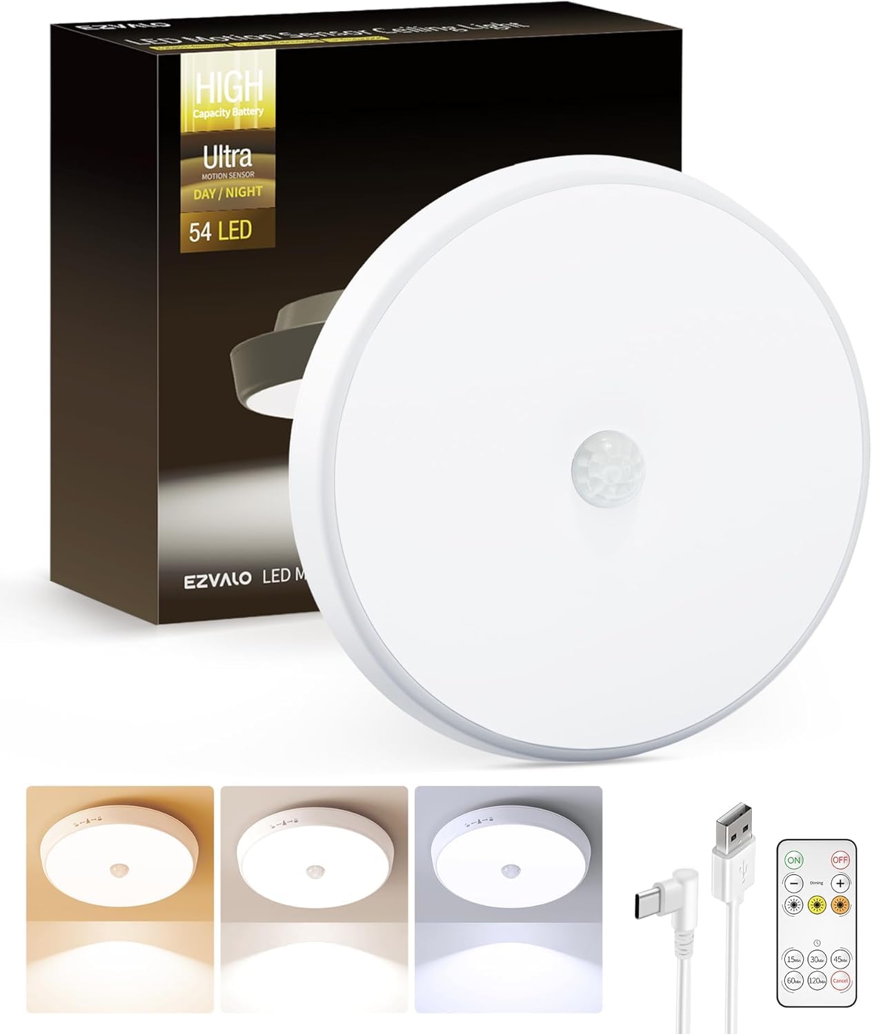 Ezvalo Rechargeable Ceiling Light Motion Sensored, 10000Mah Wireless Ceiling Light, 400Lm Battery Operated Ceiling Lights With R