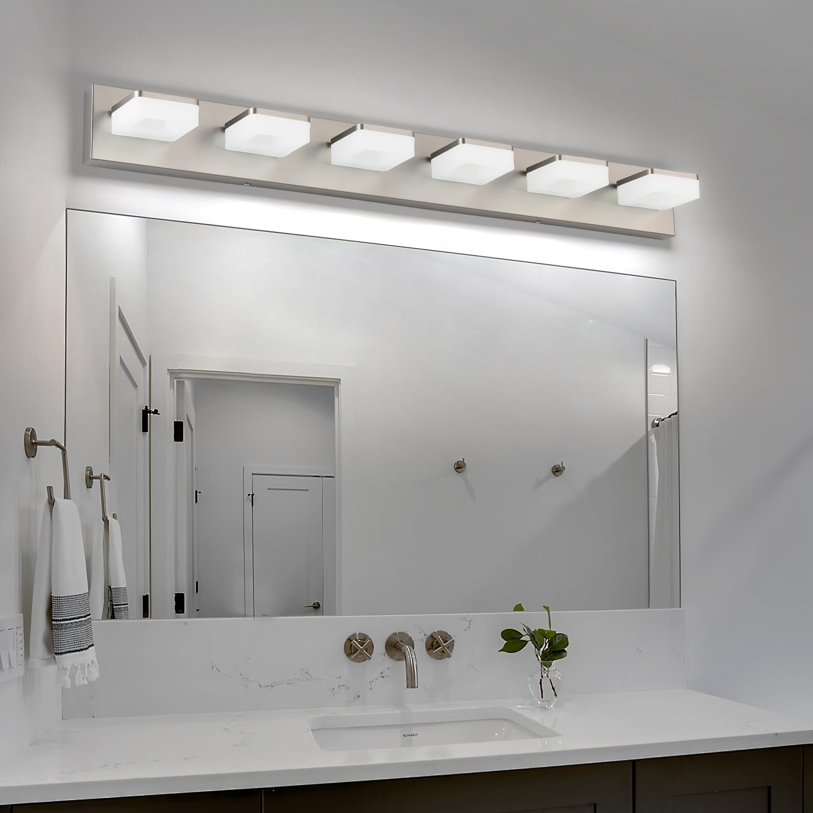 Bicrink 6-Light Brushed Nickel Vanity Light Fixture, 39" Modern LED Bath Lighting for Mirror, Model 9811