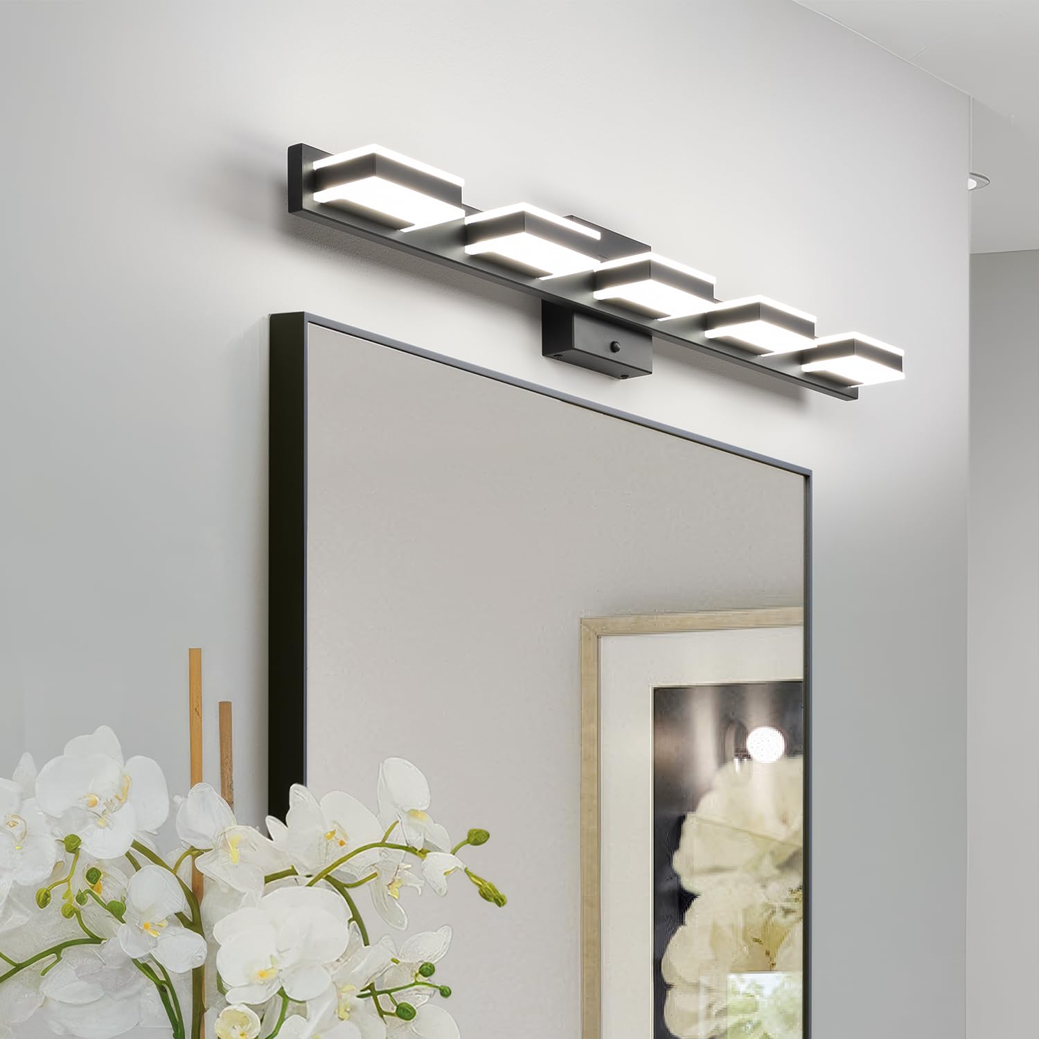 Mirrea 32" Black 5-Light Vanity Lights With Adjustable Cct Led For Bathroom And Mirror