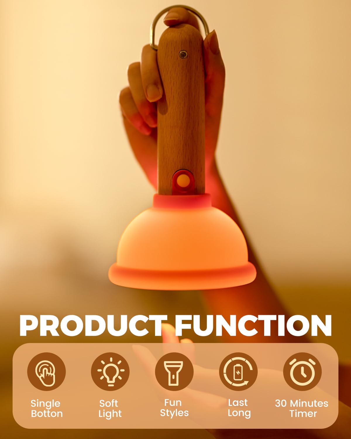 Amaredom Cute Plunger Night Light - Rechargeable Led Lamp With Timer For Bedroom & Washroom