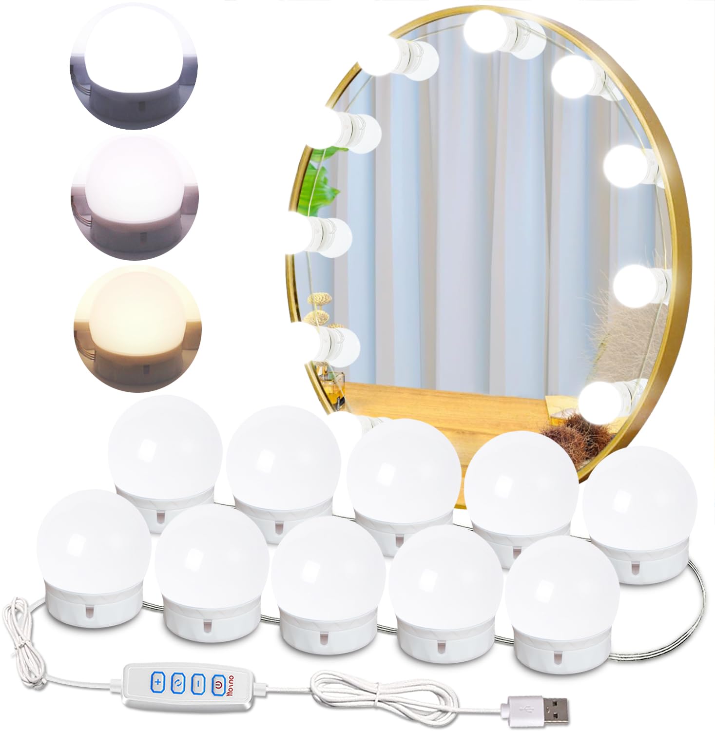 Heloie Led Vanity Mirror Lights,15 Ft Vanity Lights For Makeup Dressing Mirror Lighting,10 Dimmable Bulbs,Adjustable Light Color