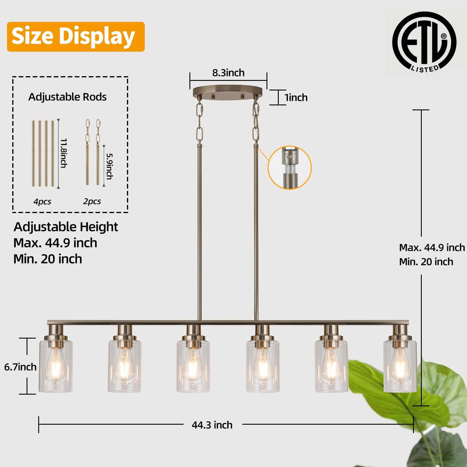 KPIOK 6-Light Linear Chandelier Pendant - Satin Brushed Nickel, Metal, Clear Glass Shade for Dining Room or Kitchen Island, Model BB003P-