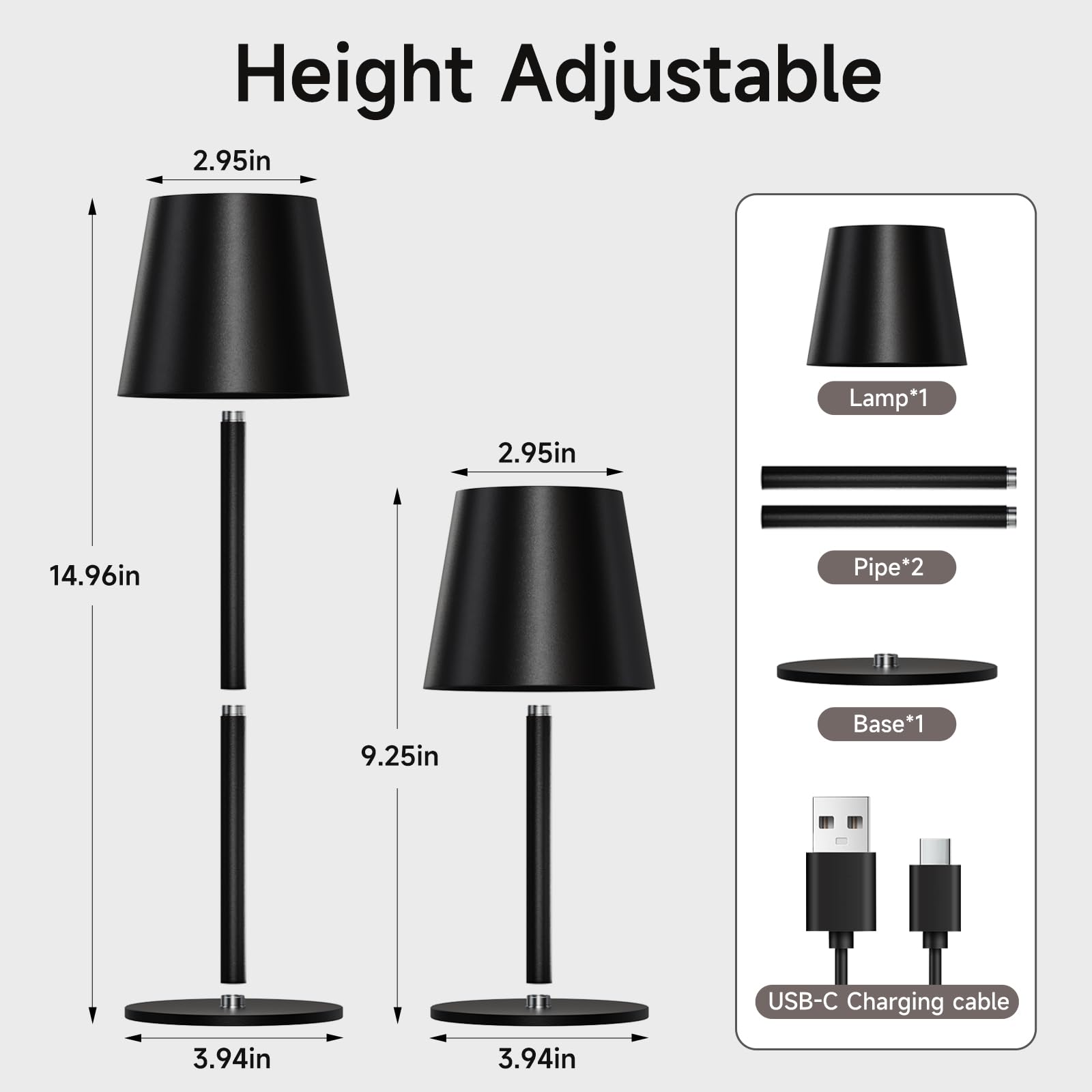 Sevenment Rechargeable Table Lamp,7-70 Hours Battery Operated Desk Lamp,Waterproof,Adjustable Height,3-Color Stepless Dimming,Bl