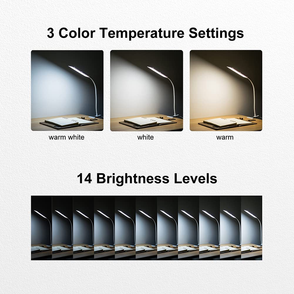 Raoyi Led Desk Lamp, 5W Usb Clip Light, Eye-Caring, 3 Color Modes, 14 Brightness Levels