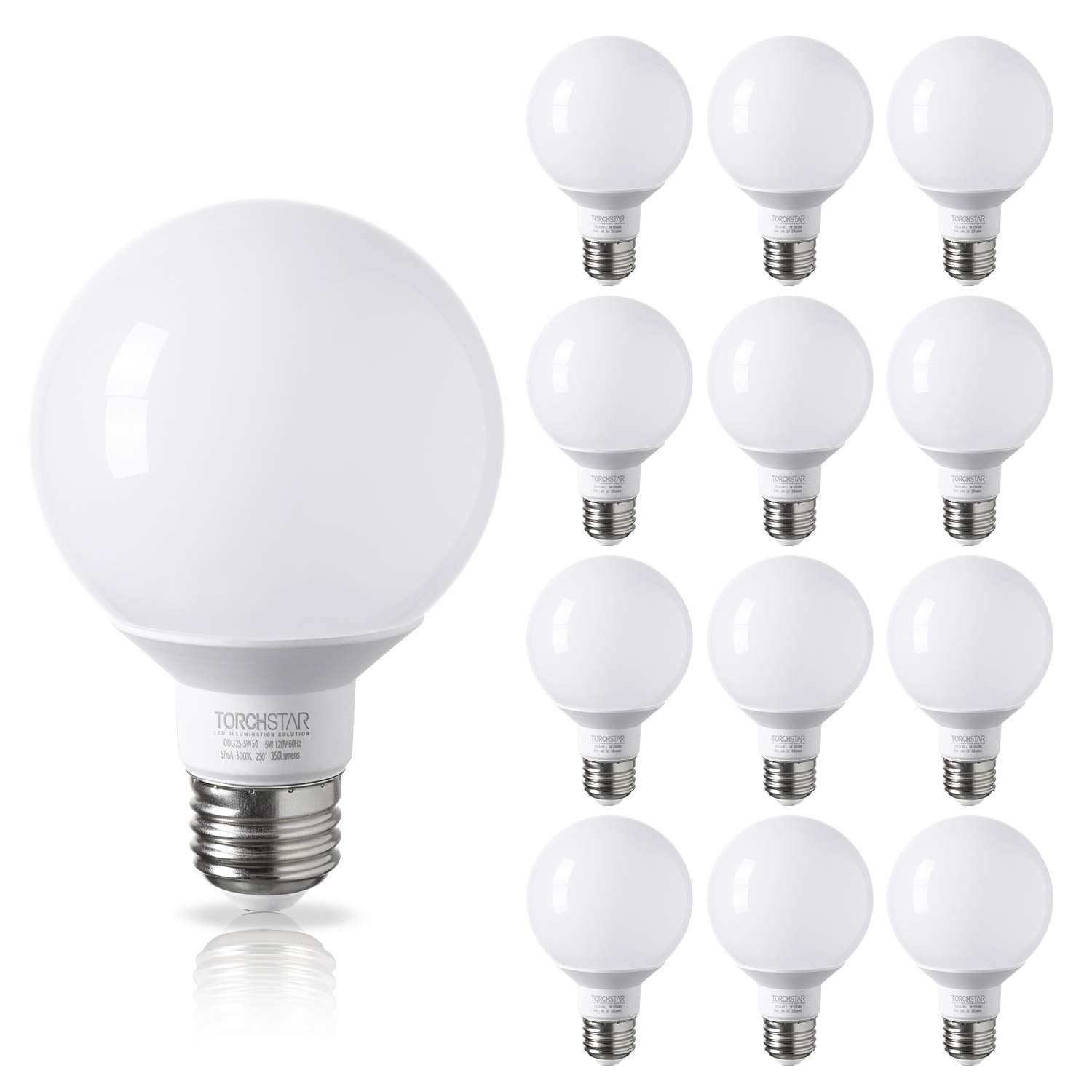 TORCHSTAR 12-Pack G25 Globe LED Bulb, Vanity Light, 5W (40W Eqv.) 350 LM, UL-Listed, Non-Dimmable, 5000K Daylight for Makeup Mir