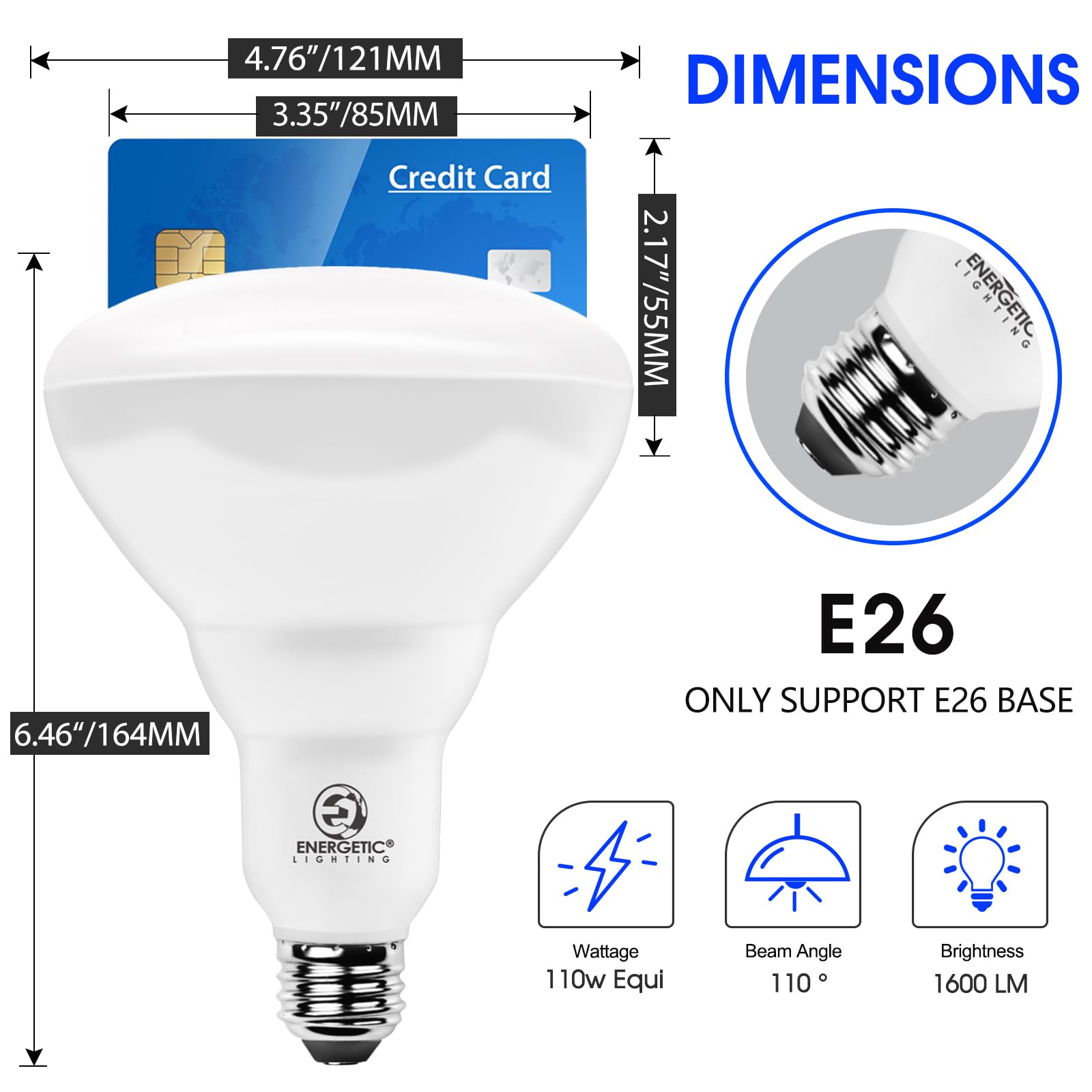 E ENERGETIC LIGHTING BR40 LED Light Bulbs, Dimmable, 5000K Daylight, 1600LM, E26 Base, 6 Pack