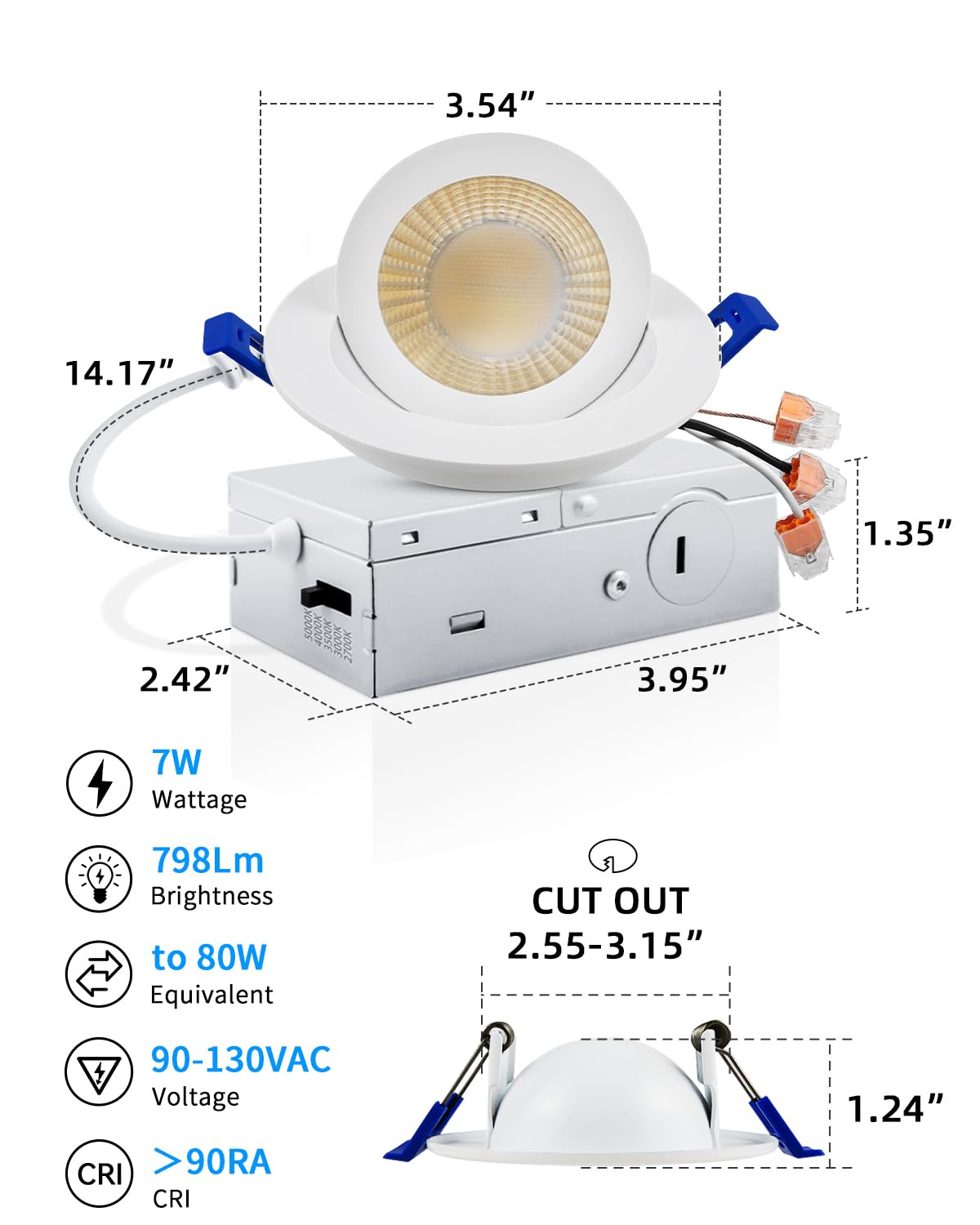 Adetu 3 Inch Gimbal LED Recessed Lights, 5CCT Selectable, 800LM, 6 Pack, White, Model 3IN-W