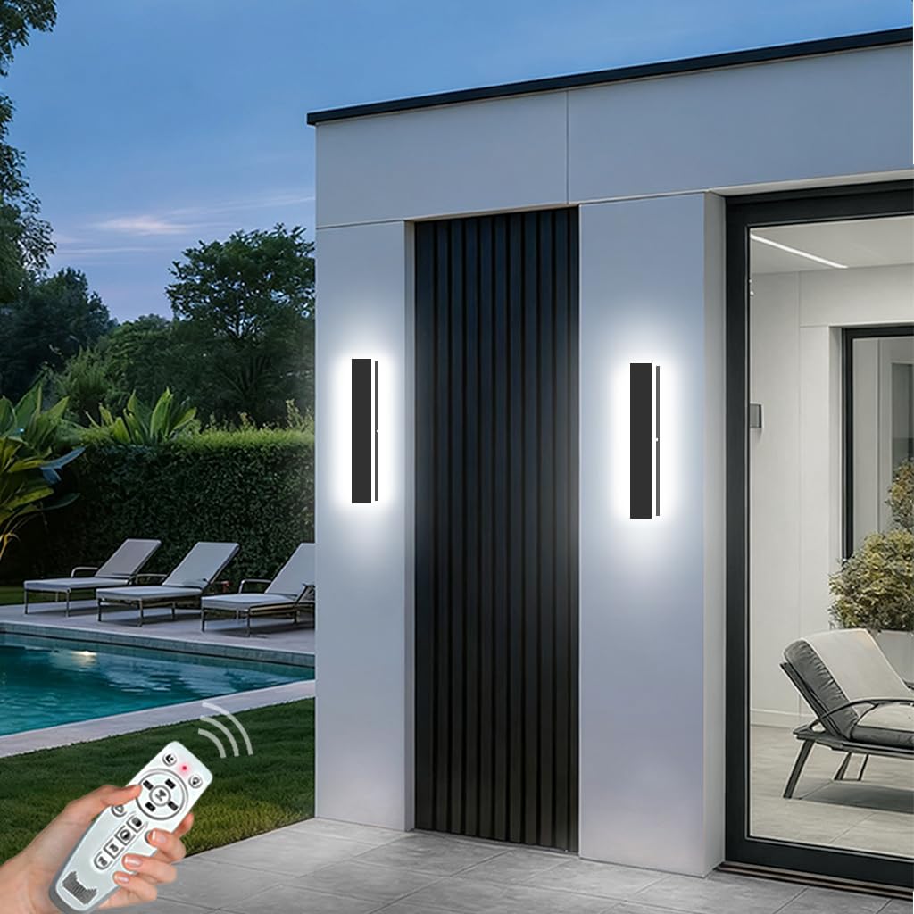 SJIGUANGZ 2 Pack Modern Outdoor Wall Lights for House  2700-6500K Dimmable Outdoor Sconce Light  Long Band Wall Sconce with Remote for Outdoor/Indoor Black Wall Lighting 24in
