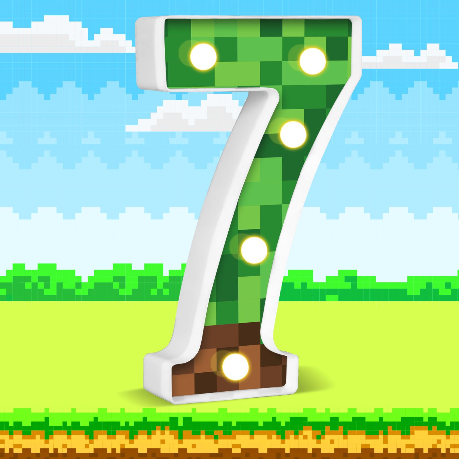 AXBMM Pixel Game Light Up Sign, Number 7, 8.5in Table Centerpiece, Green/Brown, PP Plastic, LED, Model XY-371