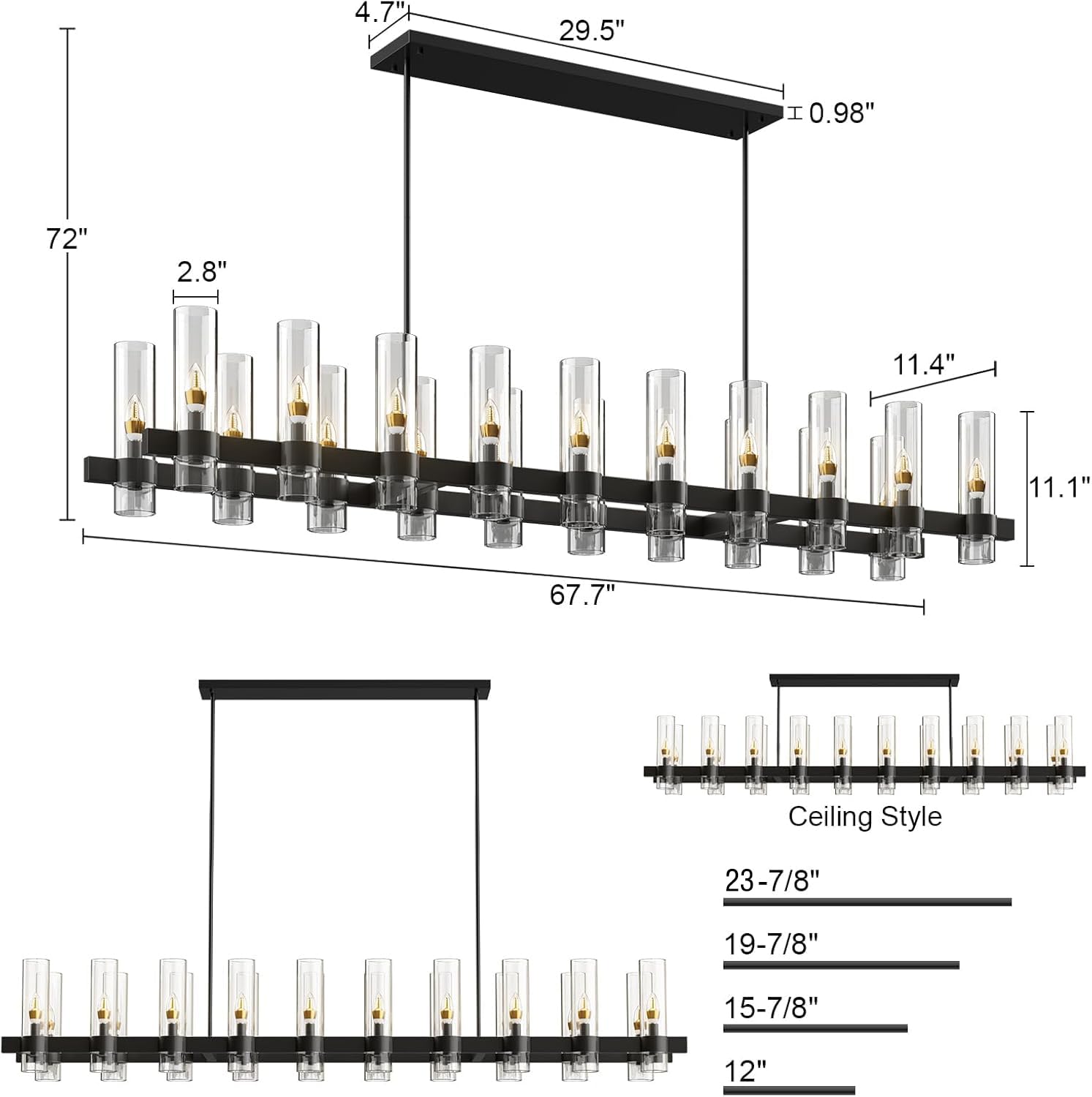 Yiosi Black Kitchen Island Lighting-20-Light Linear Chandelier, Adjustable 67.7'' Modern Farmhouse Rectangle Pendant Light Fixtu