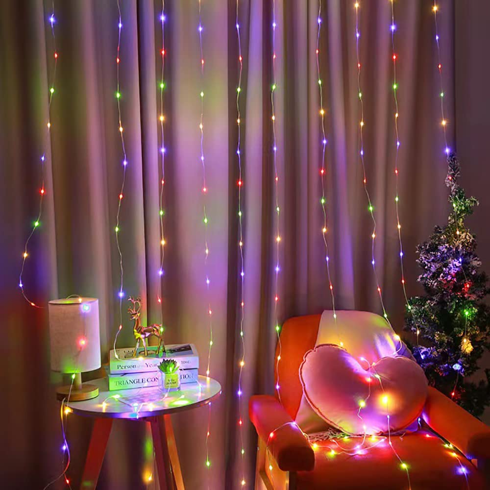 Yeoleh Curtain String Lights, Waterproof Copper Wire Curtain Lights With Control, 8 Modes Usb Fairy Lights Plug In Good For Wedding Bedroom Party Home Christmas Decorations,(Colorful,7.9Ft X 5.9Ft)