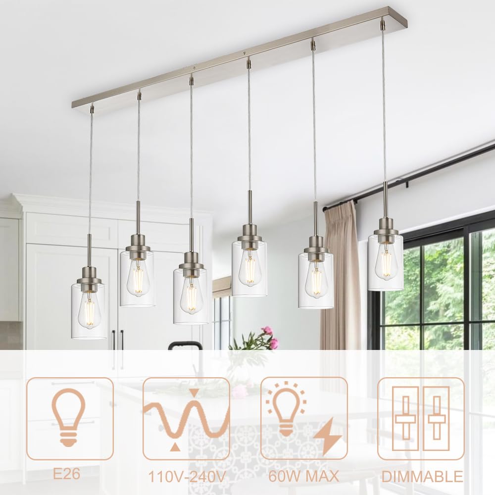 WINSHEN 6-Lights Pendant Lighting, Brushed Nickel Ceiling Fixture with Adjustable Wire & Clear Glass Shades, Model TTFOCG-SDSN