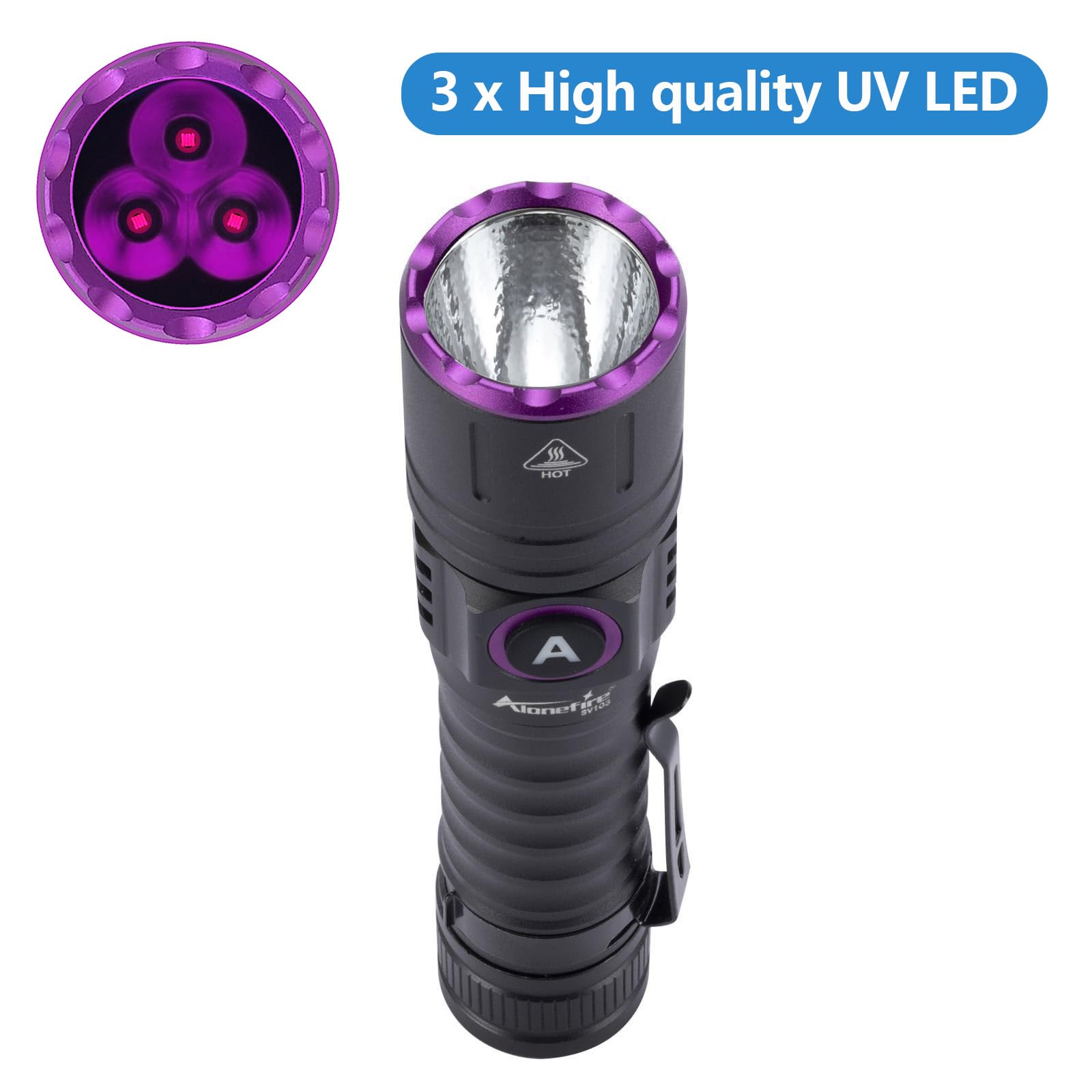 ALONEFIRE SV103 395nm UV Flashlight - Rechargeable Black Light for Pet Urine Detection, Scorpion Finding, Resin Curing, and Leak Detection