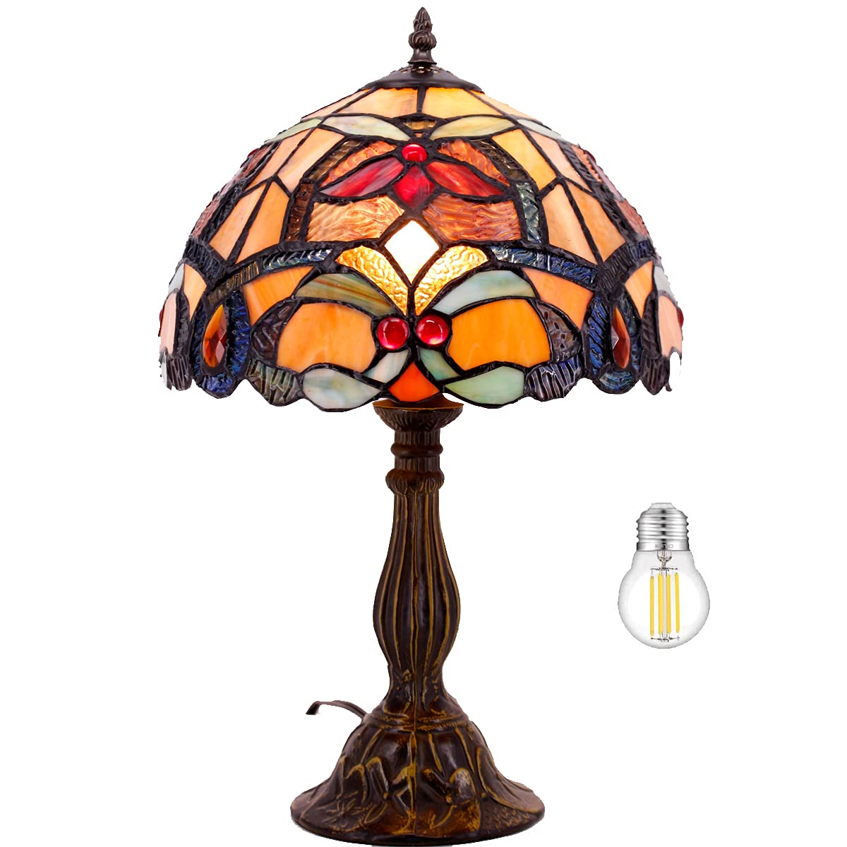 WERFACTORY Tiffany Table Lamp Orange Stained Glass Flower Liaison Style Reading Desk Bedside Light 12X12X18 Inches Decor Bedroom