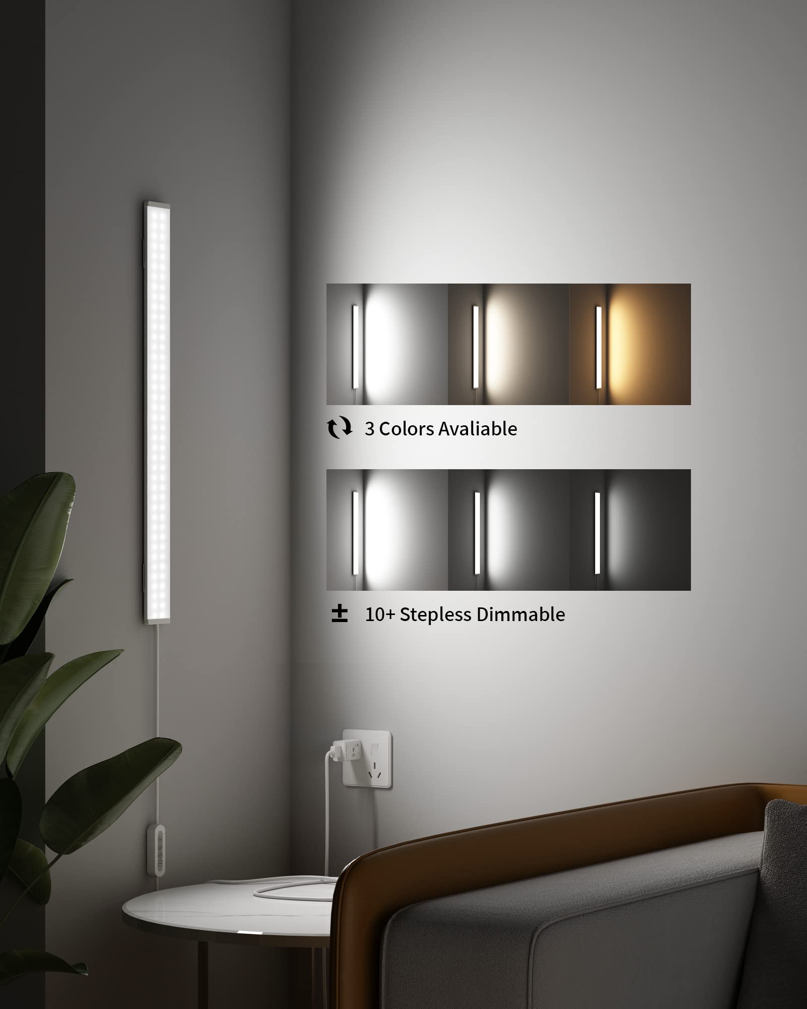 Asoko Dimmable Desk Light Strip Bar, 3 Temps Under Cabinet Lighting With Memory Function, 24Inch Plug In Usb Led Undercounter Li