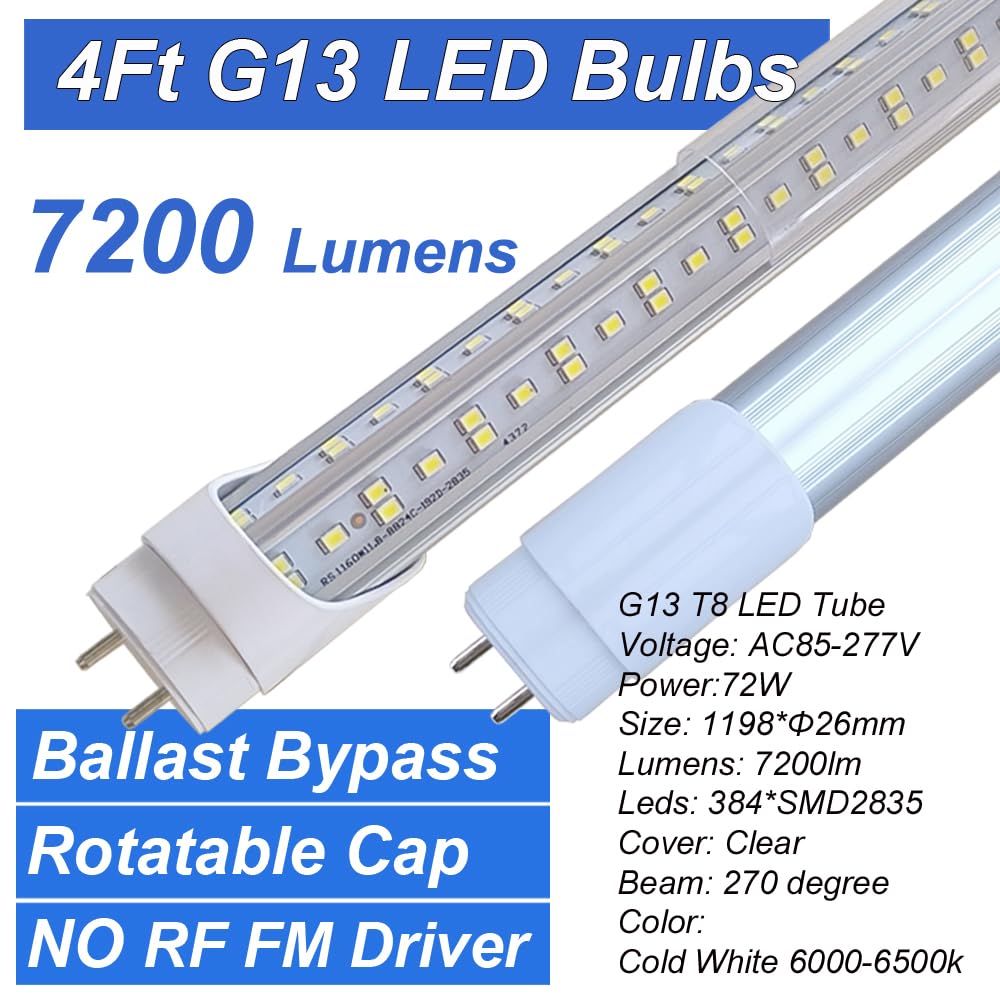 Caikag T8 Led Bulbs 4 Foot, T12 Led Replacement 4Ft 72W Fluorescent Tube Lights,7200Lm 6500K Cool White,2 Bi-Pin G13 Base Type B