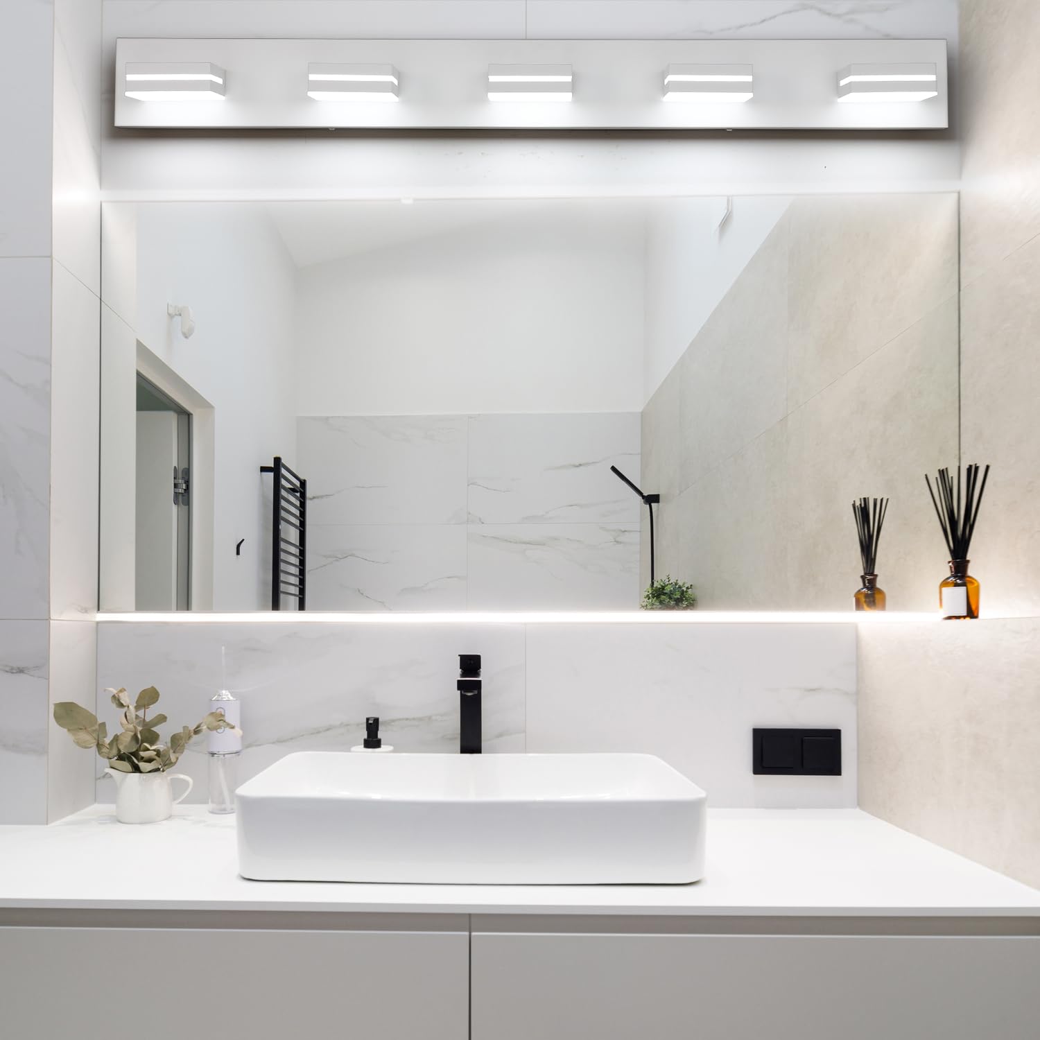 SineRise 5-Light LED Bathroom Vanity Light Fixture, 40-Inch Matte White Acrylic, Cool White 6000K, Stainless Steel Model 7ade2610-0dec