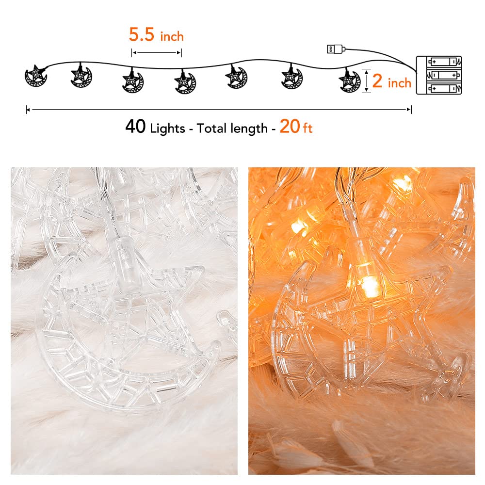 AceList 40 LED Moon & Stars String Lights, Battery/USB Powered, 20ft, Plastic, Holiday Decor for Ramadan, Eid, Valentines Day