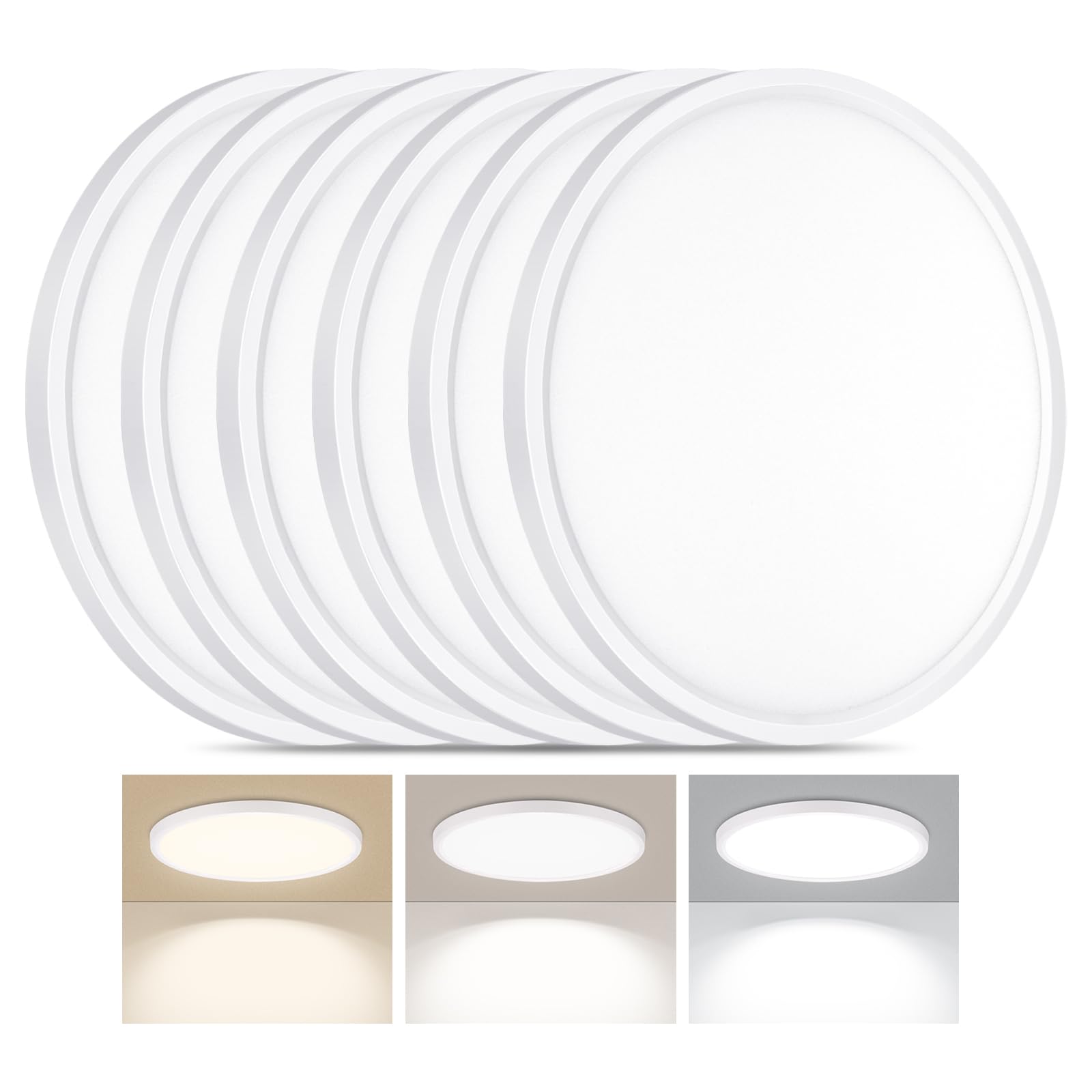 Lumllsaji 6 Pack Led Flush Mount Ceiling Light, 24W Ultra Thin Round White 3000K/4000K/6500K 3 Color Temperatures Adjusted 12 In