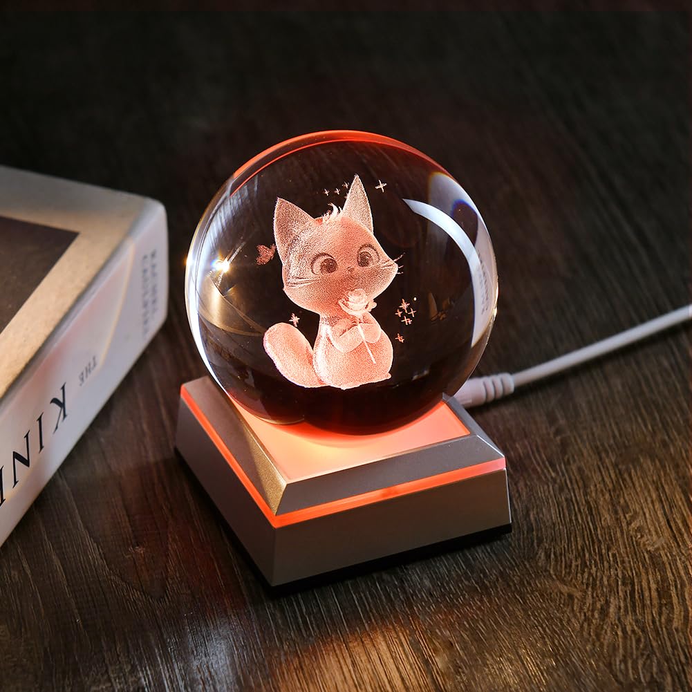 Zrenjhus 80Mm Cat Lover Gifts For Women 3D Cat Holding Rose Night Light Cat Crystal Ball Decor Kitten Holding Rose Collectibles
