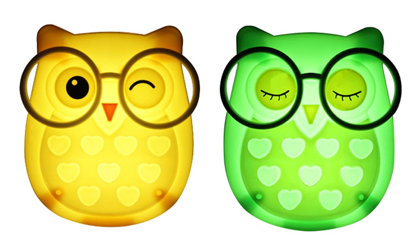 2 Pcs Owl Led Plug In Night Light For Kids- Wall Lamp Take Good Care Children Sleep Light Sensor Auto Controlled Nightlights For Baby Nursing (Yellow+Green)