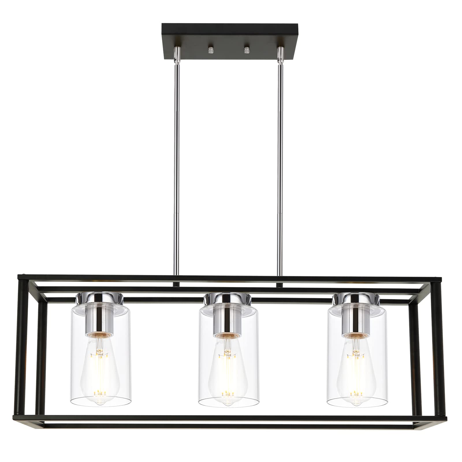 VINLUZ 3 Light Adjustable Pendant Lighting, Black and Chrome, Metal with Clear Glass Shades, Model dc783440