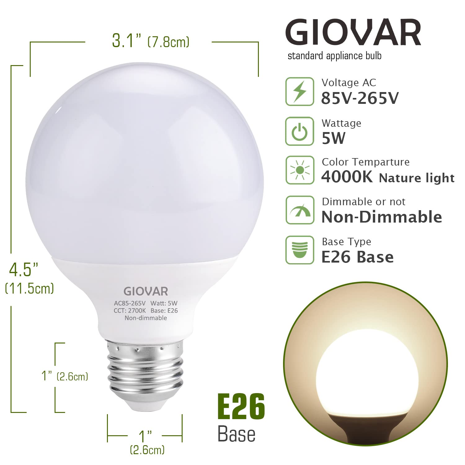 Giovar 8-Pack Led Bathroom Light Bulbs, 4000K Natural White Night Light Bulb, Non Dimmable Makeup Mirror Lights For Bedroom, E26