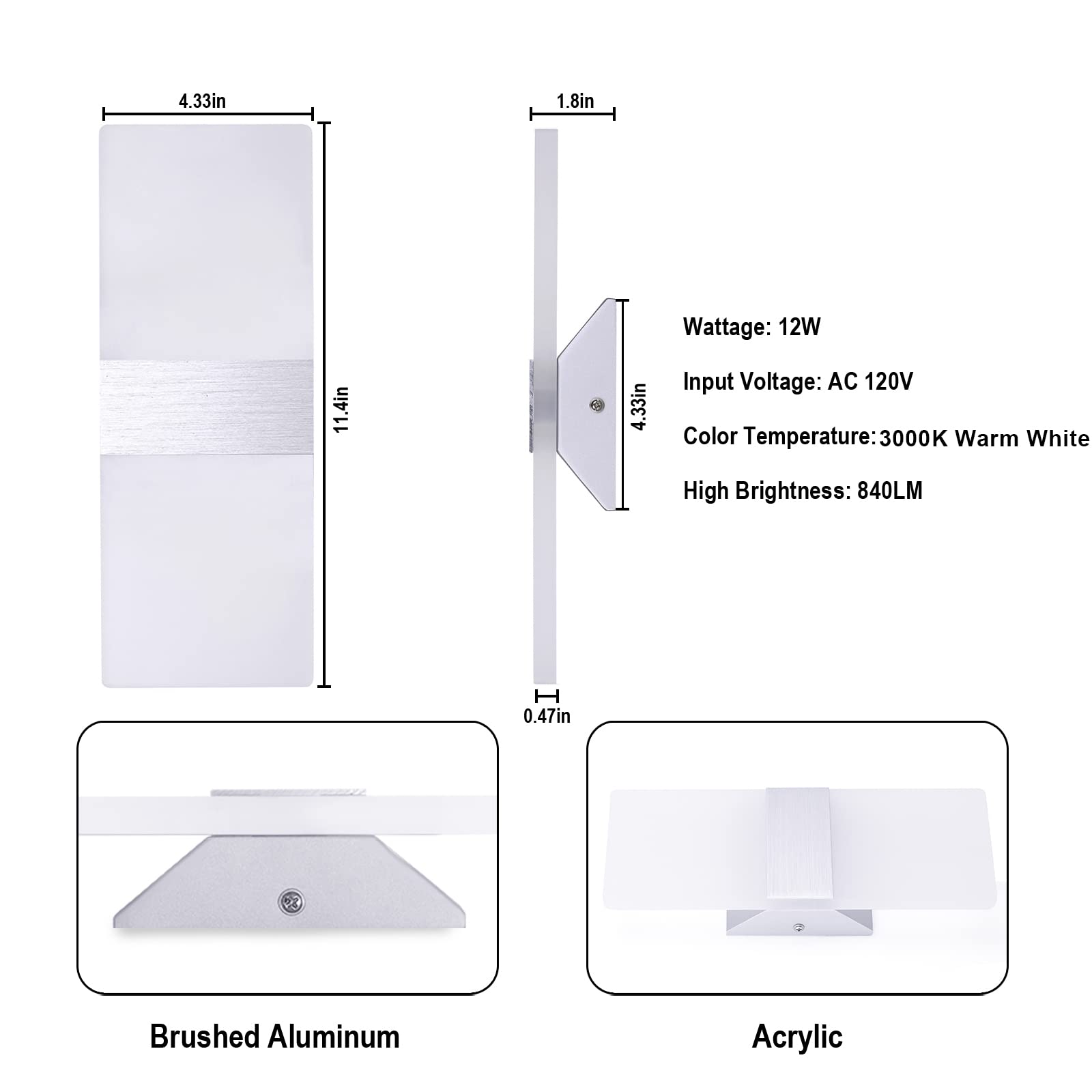 TRLIFE Wall Sconces Set of 2, Dimmable LED 12W 3000K Warm White, Silver Brushed Aluminum, Model YKL-Sconce-3000K